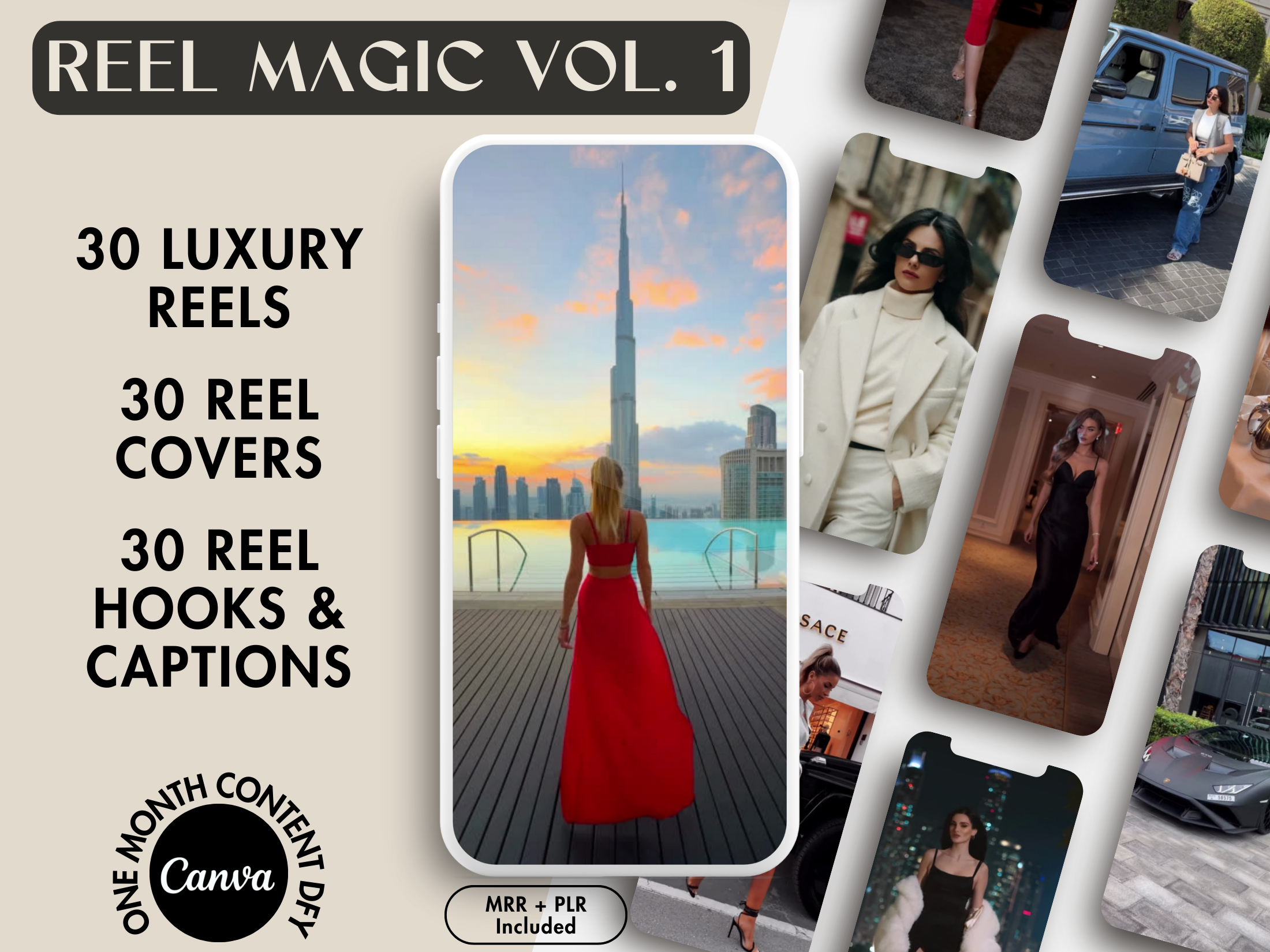 Mockup of the Reel Magic Vol. 1, featuring 30 luxury reels, covers, and captions designed for a premium social media presence.