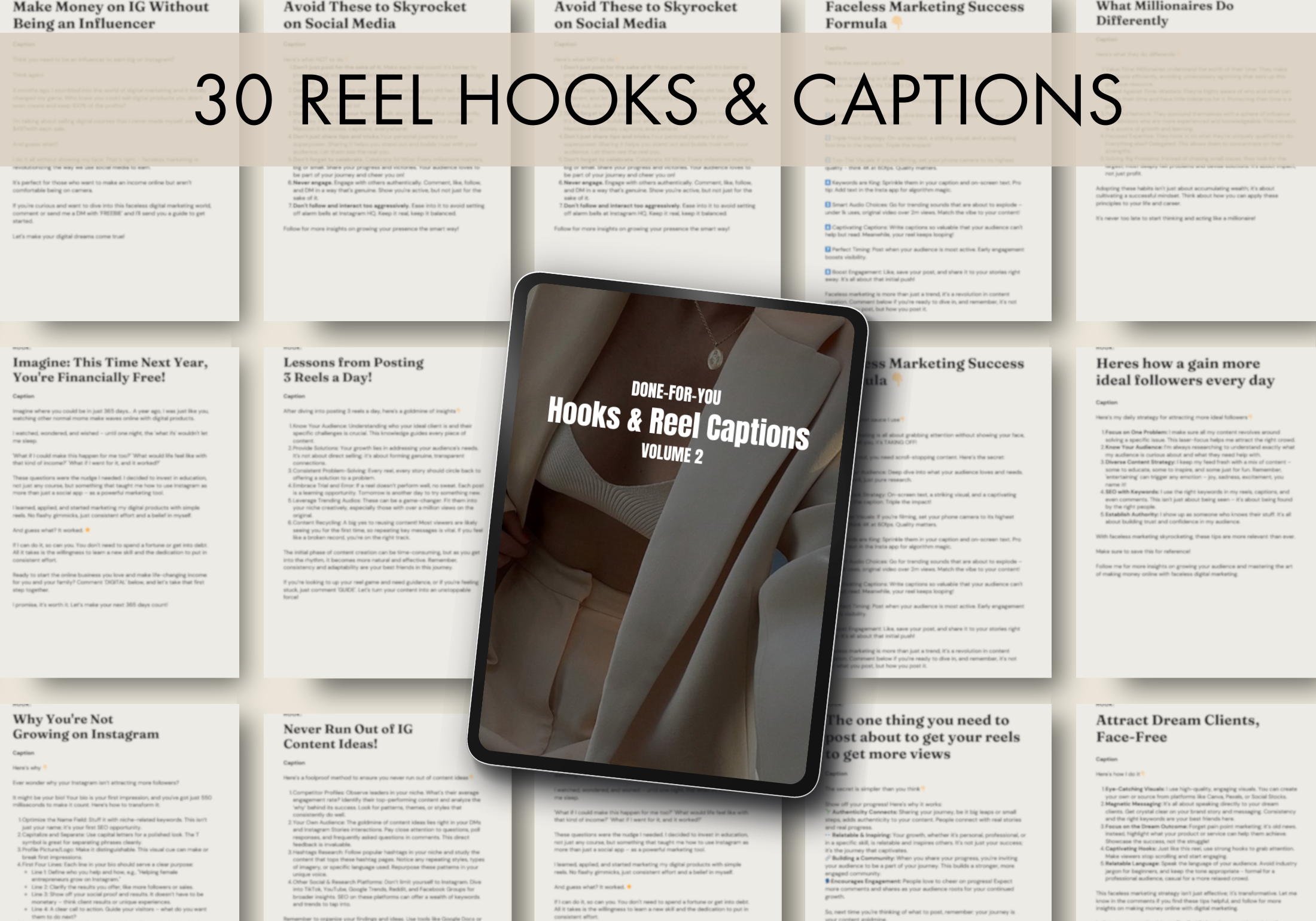 Hooks and reel captions from Reel Magic Vol 2 displayed on multiple pages, providing engaging social media content.