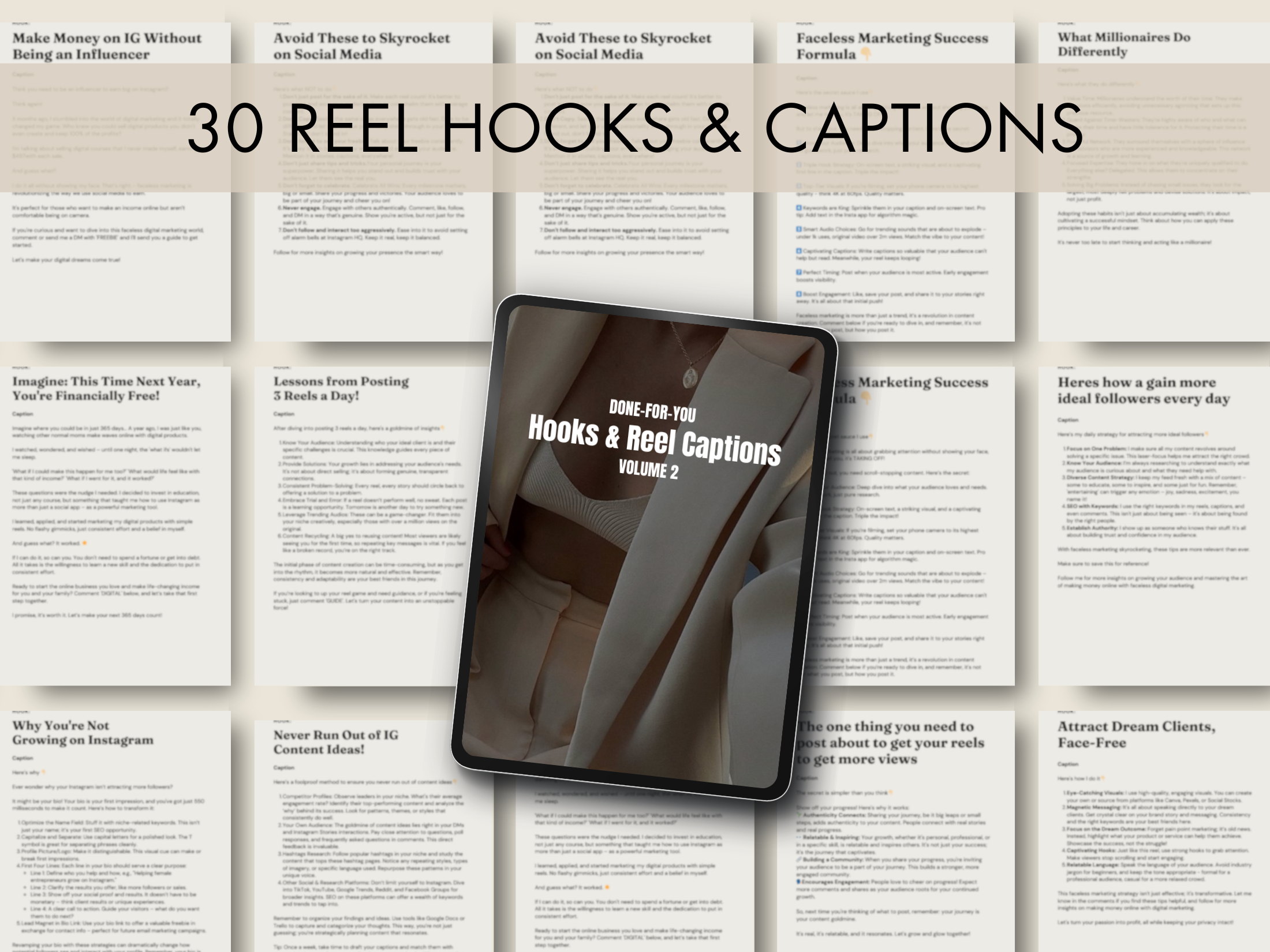 Hooks and reel captions from Reel Magic Vol 2 displayed on multiple pages, providing engaging social media content.