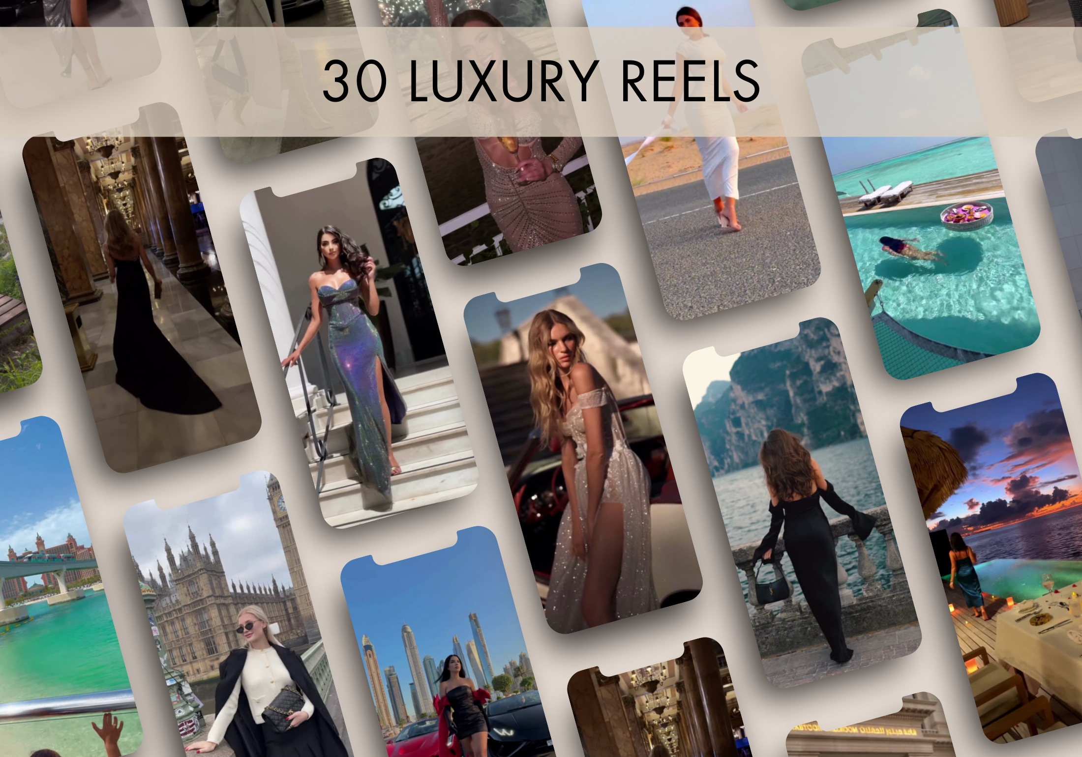 A collage showcasing luxury reels from Reel Magic Vol 2, featuring elegant women in various high-end settings.