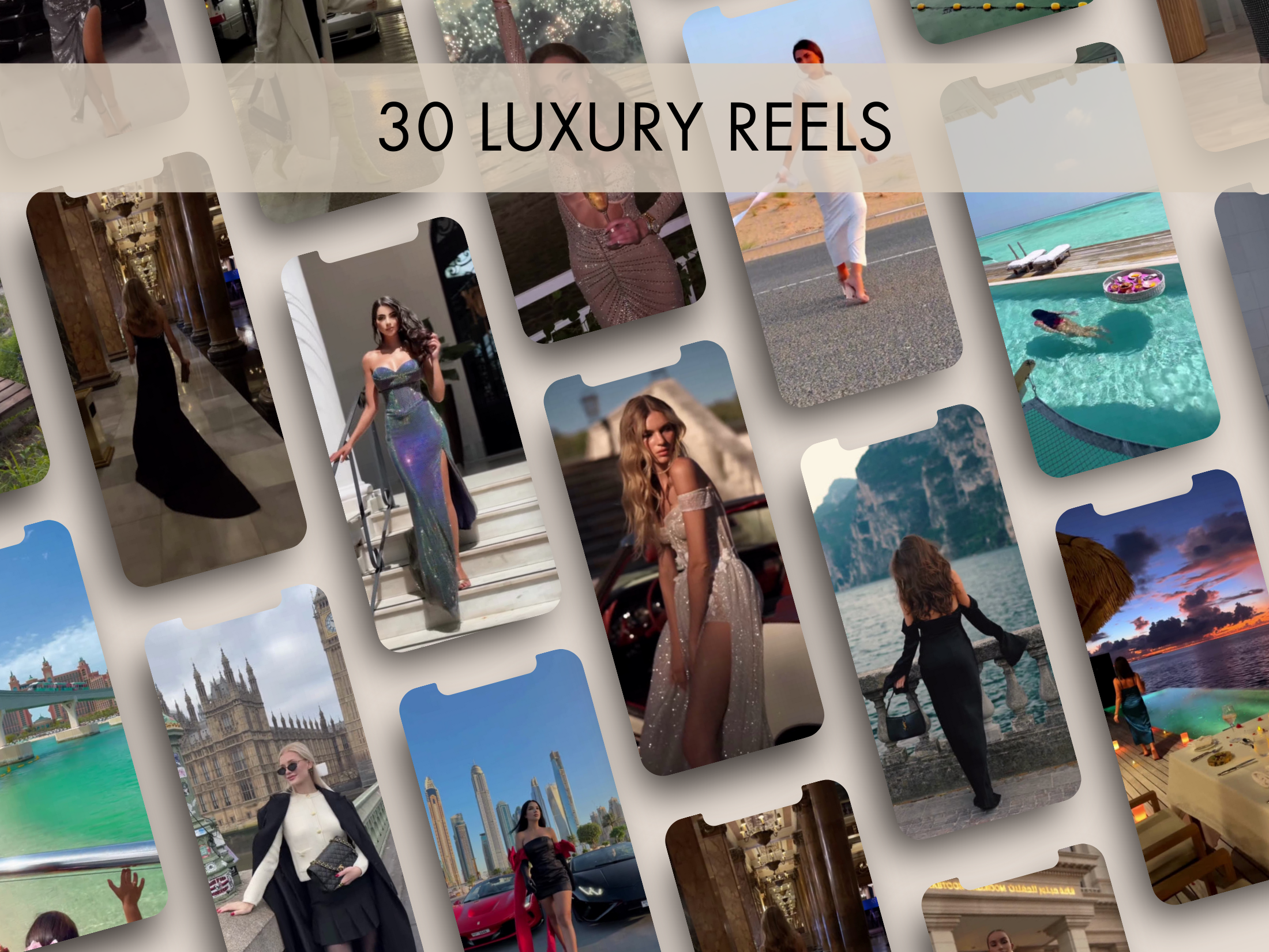 A collage showcasing luxury reels from Reel Magic Vol 2, featuring elegant women in various high-end settings.