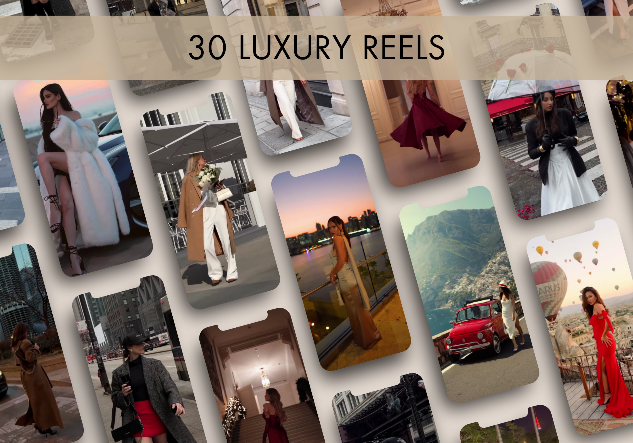 A preview of luxury-themed reels from Reel Magic Vol 3, highlighting high-end fashion and lifestyle moments in various glamorous settings.