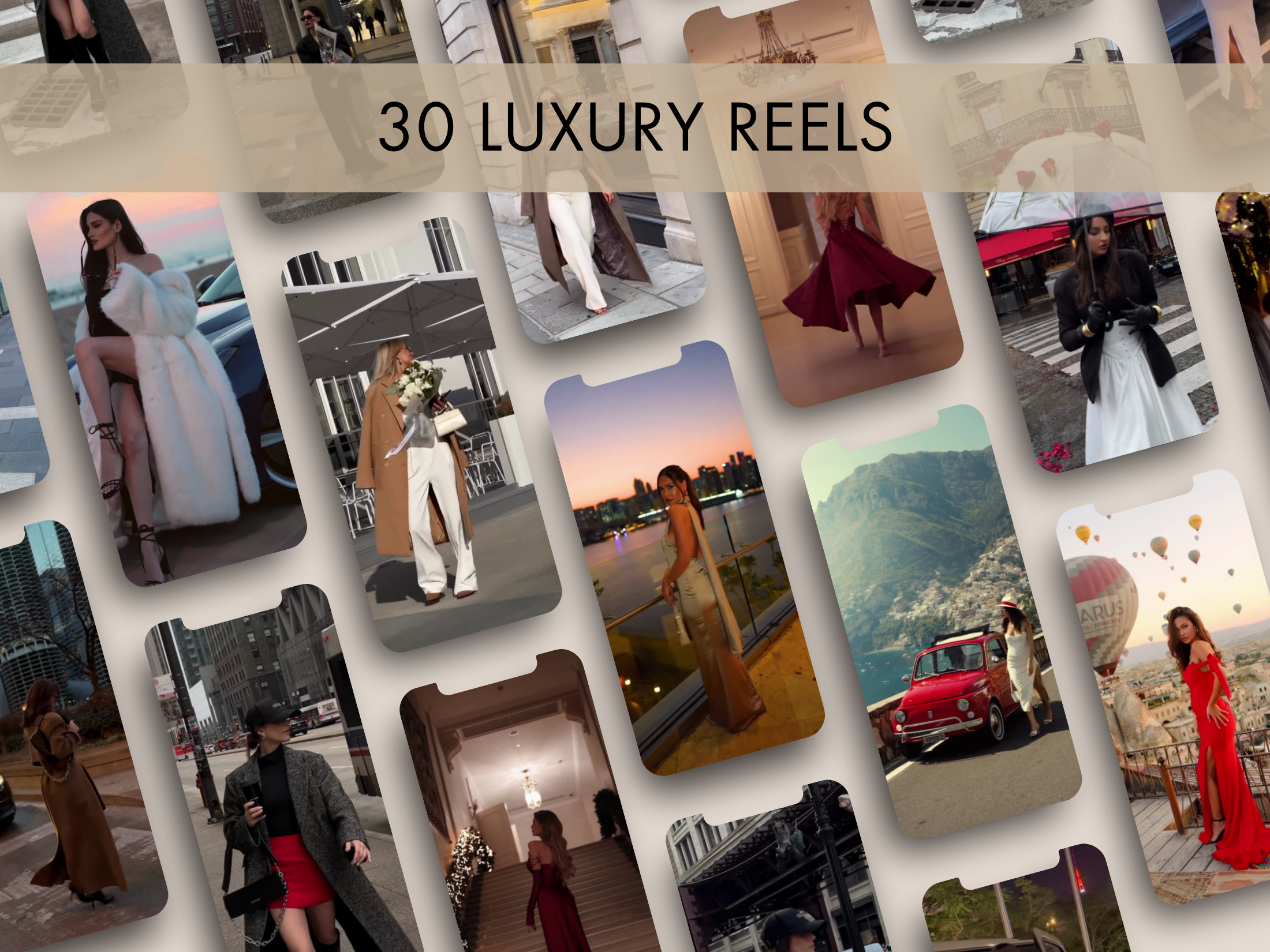 A preview of luxury-themed reels from Reel Magic Vol 3, highlighting high-end fashion and lifestyle moments in various glamorous settings.