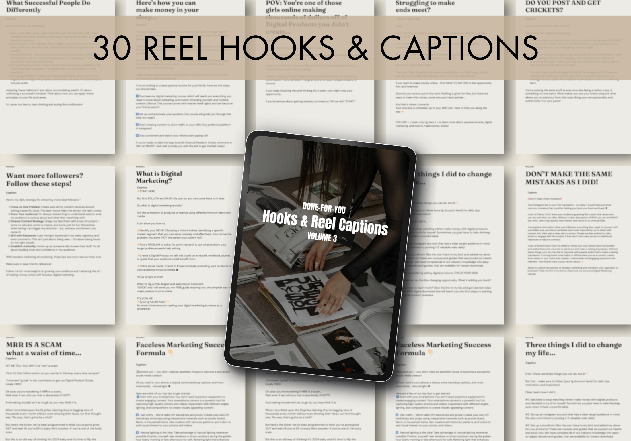 Compilation of hooks and captions from Reel Magic Vol 3, designed to create captivating and engaging social media posts.