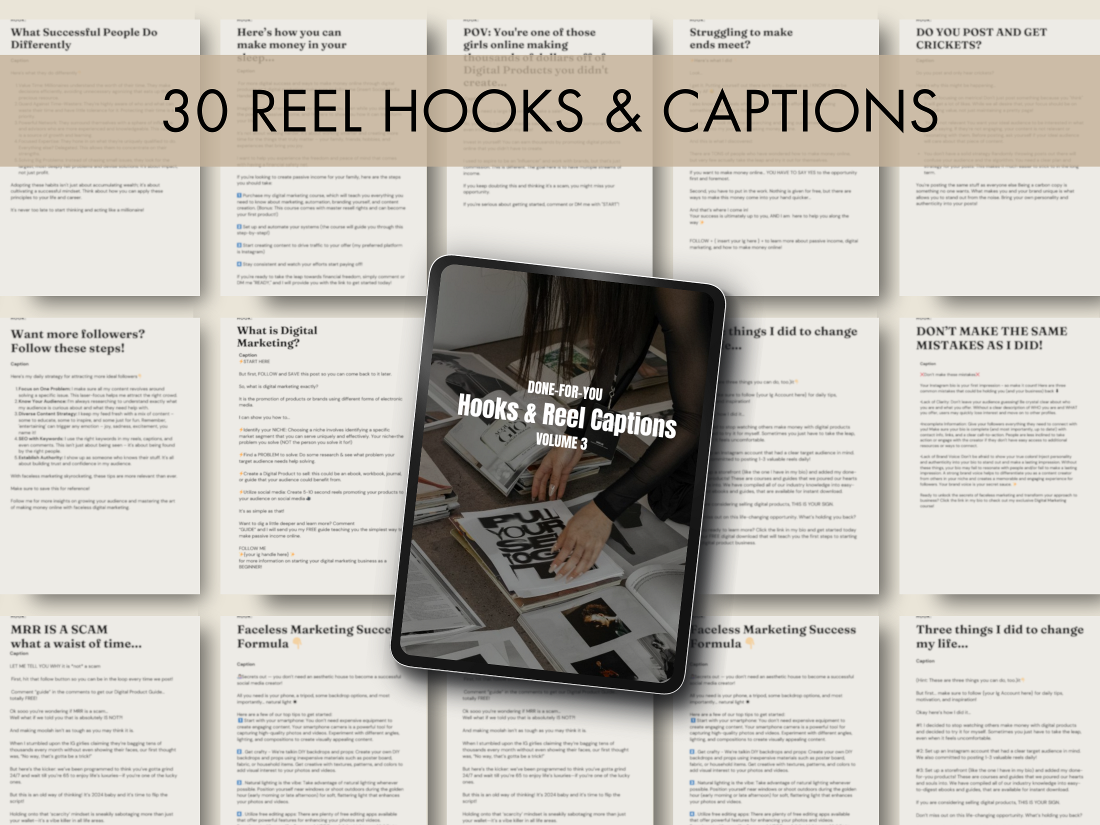 Compilation of hooks and captions from Reel Magic Vol 3, designed to create captivating and engaging social media posts.