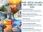 Explains why the Santorini Bliss images are perfect for business owners, influencers, designers, and marketers, featuring a beautiful array of Mediterranean visuals.