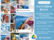 Cover image showcasing the Santorini Bliss collection, featuring Mediterranean aesthetic and sun-kissed vibes with 75 high-quality AI-generated stock images perfect for social media.