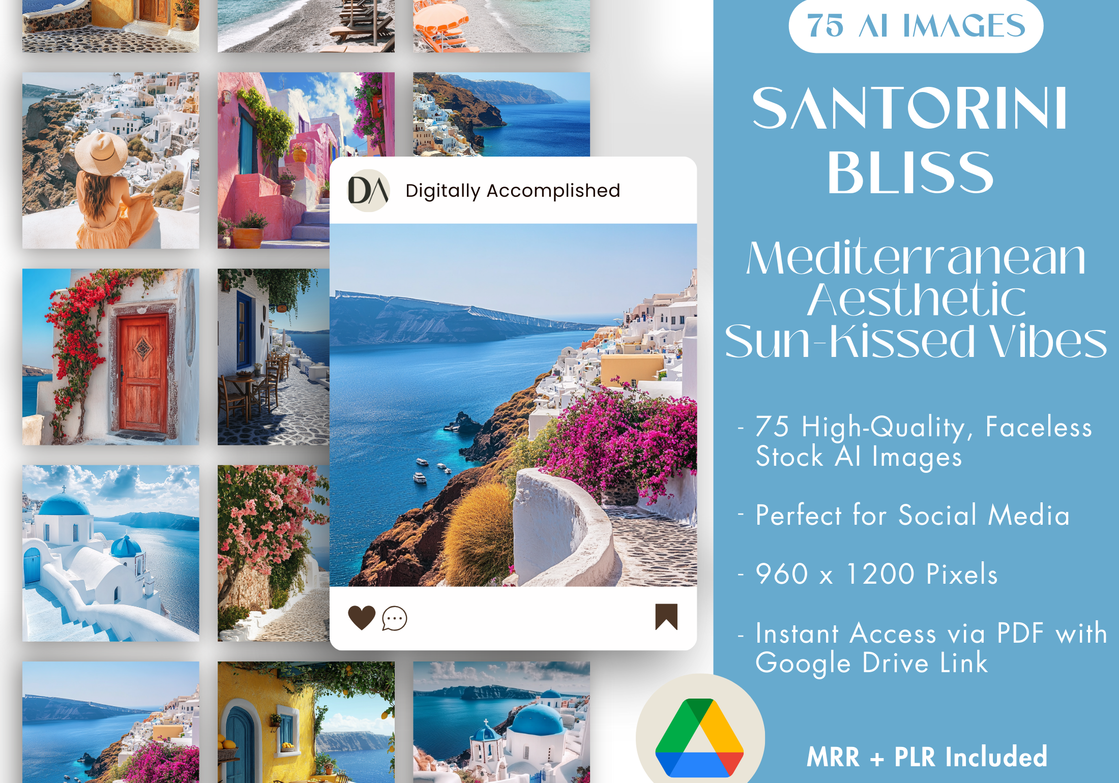 Cover image showcasing the Santorini Bliss collection, featuring Mediterranean aesthetic and sun-kissed vibes with 75 high-quality AI-generated stock images perfect for social media.