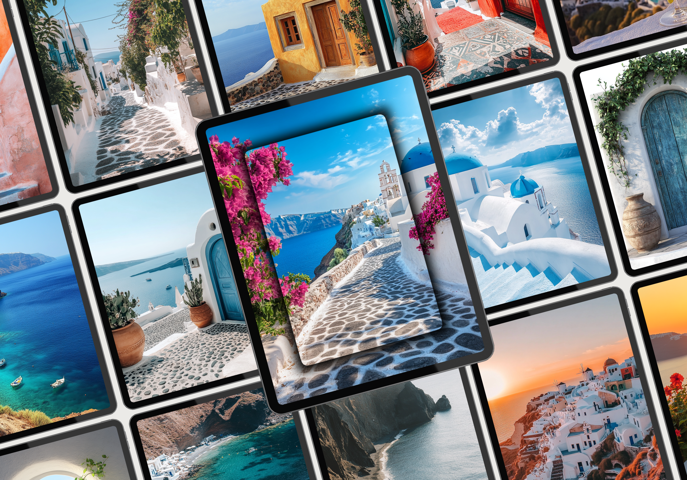 A vibrant collage of the Santorini Bliss collection, highlighting various Mediterranean-inspired scenes, ideal for enhancing social media posts.