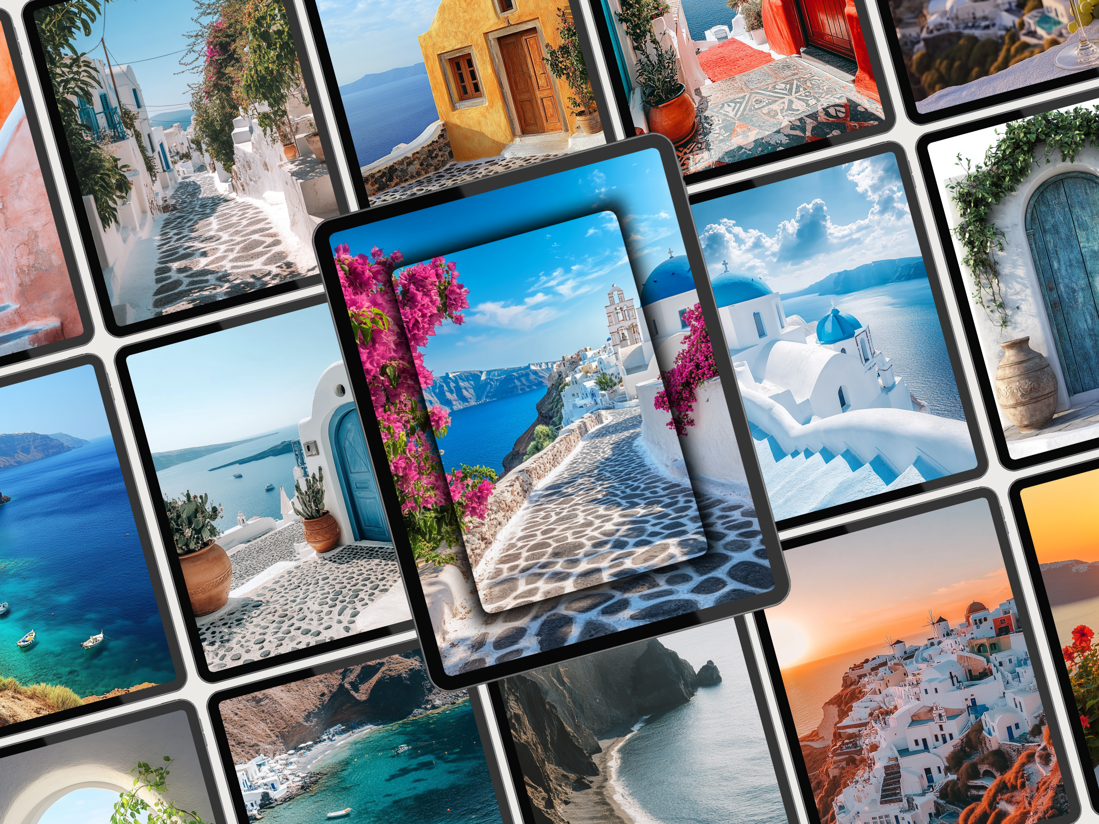 A vibrant collage of the Santorini Bliss collection, highlighting various Mediterranean-inspired scenes, ideal for enhancing social media posts.