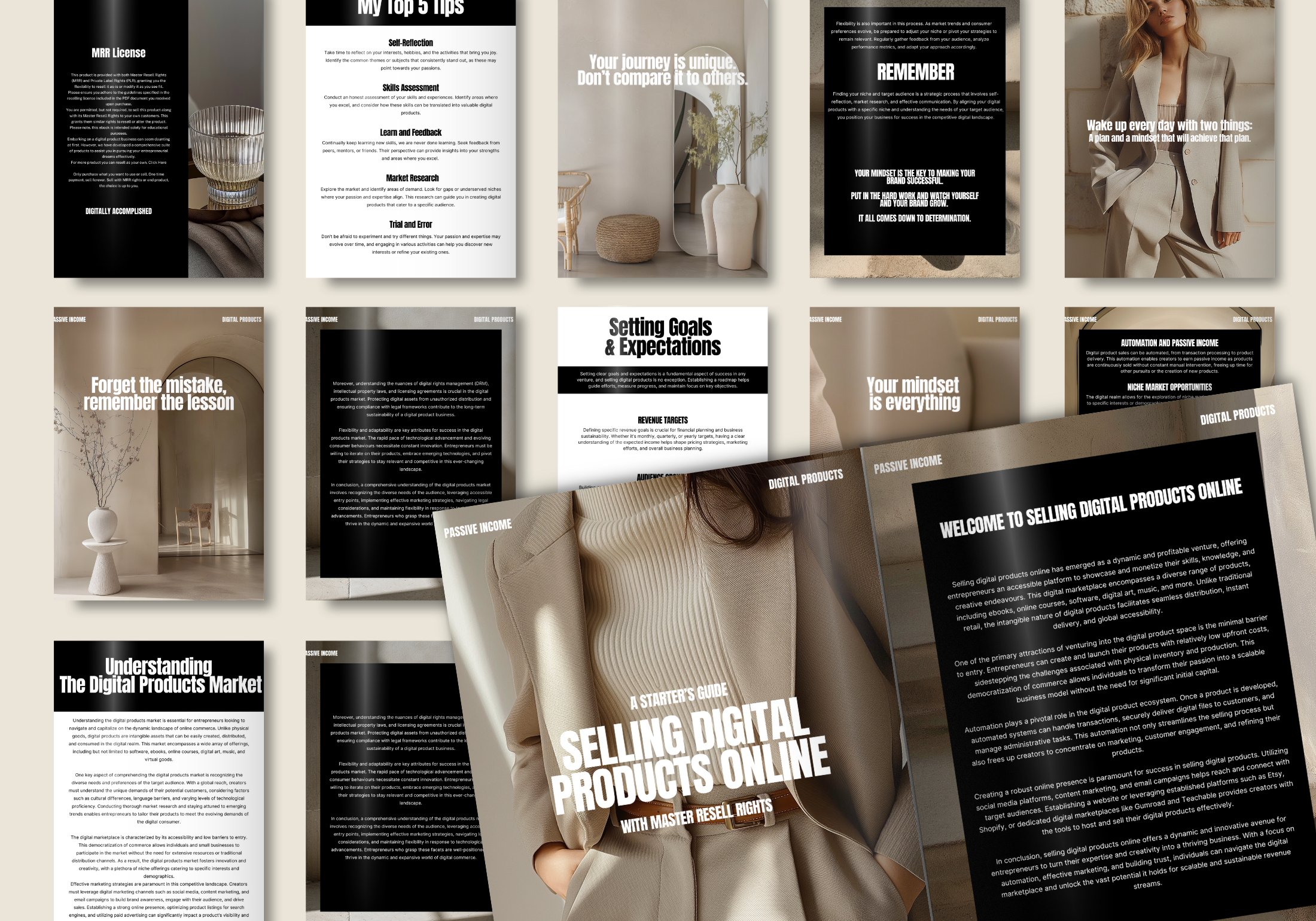 A spread of digital product pages with a focus on the cover of "A Starter's Guide to Selling Digital Products Online," highlighting key tips and strategies for selling digital products successfully.