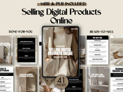 A collection of product pages and a central image of a tablet showcasing the cover of "A Starter's Guide to Selling Digital Products Online," emphasizing the done-for-you and ready-to-sell nature of the product.