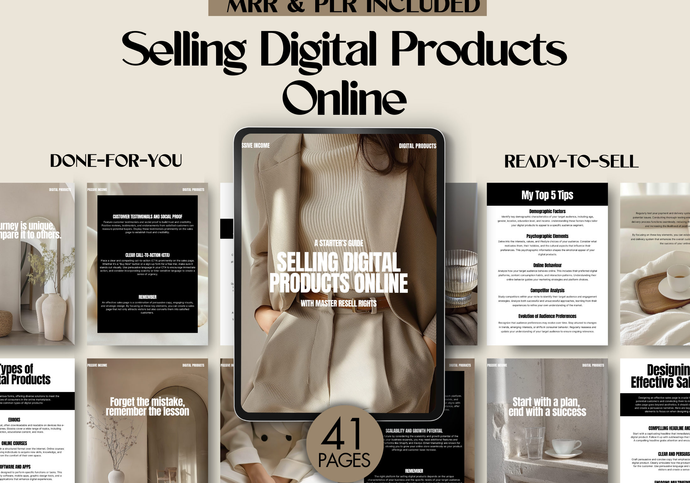 A collection of product pages and a central image of a tablet showcasing the cover of "A Starter's Guide to Selling Digital Products Online," emphasizing the done-for-you and ready-to-sell nature of the product.