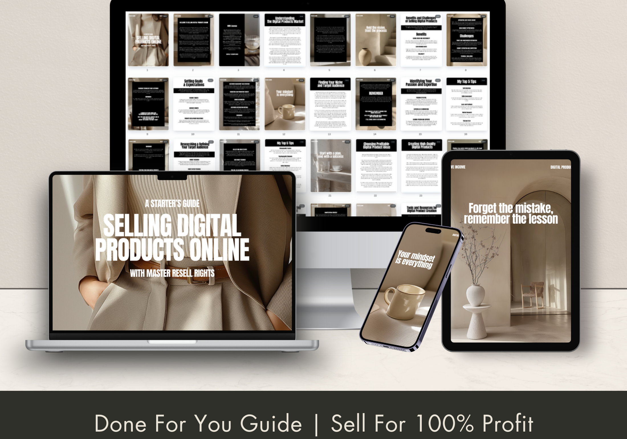The contents and sections of "A Starter's Guide to Selling Digital Products Online" displayed on various digital devices, emphasizing the guide's accessibility, printability, and ease of use.