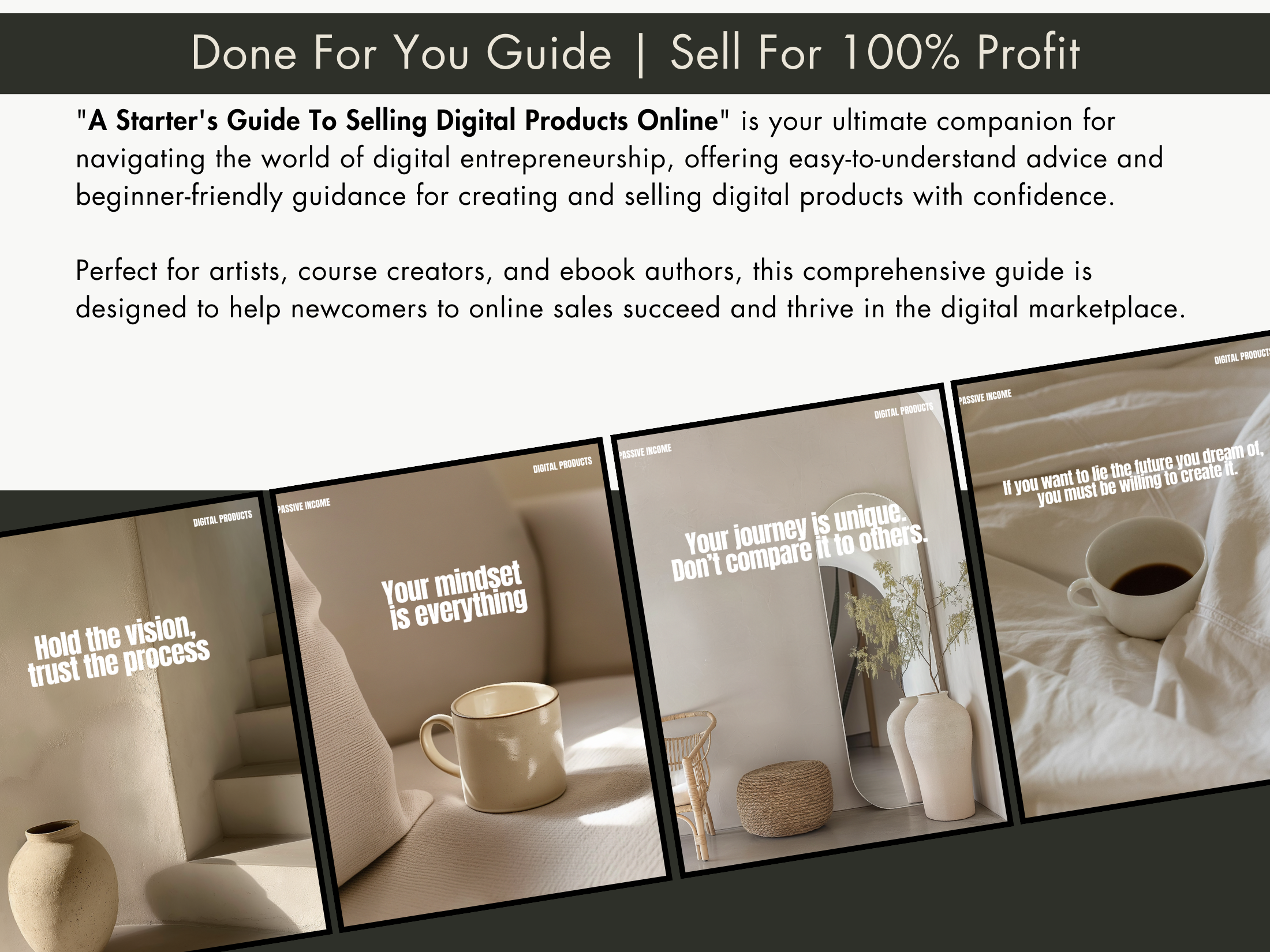 A close-up of select pages from "A Starter's Guide to Selling Digital Products Online," highlighting motivational quotes and practical advice for digital product sellers.
