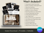 Promotional image detailing what’s included in "A Starter's Guide to Selling Digital Products Online," listing sections like understanding the digital products market and setting up your online store.