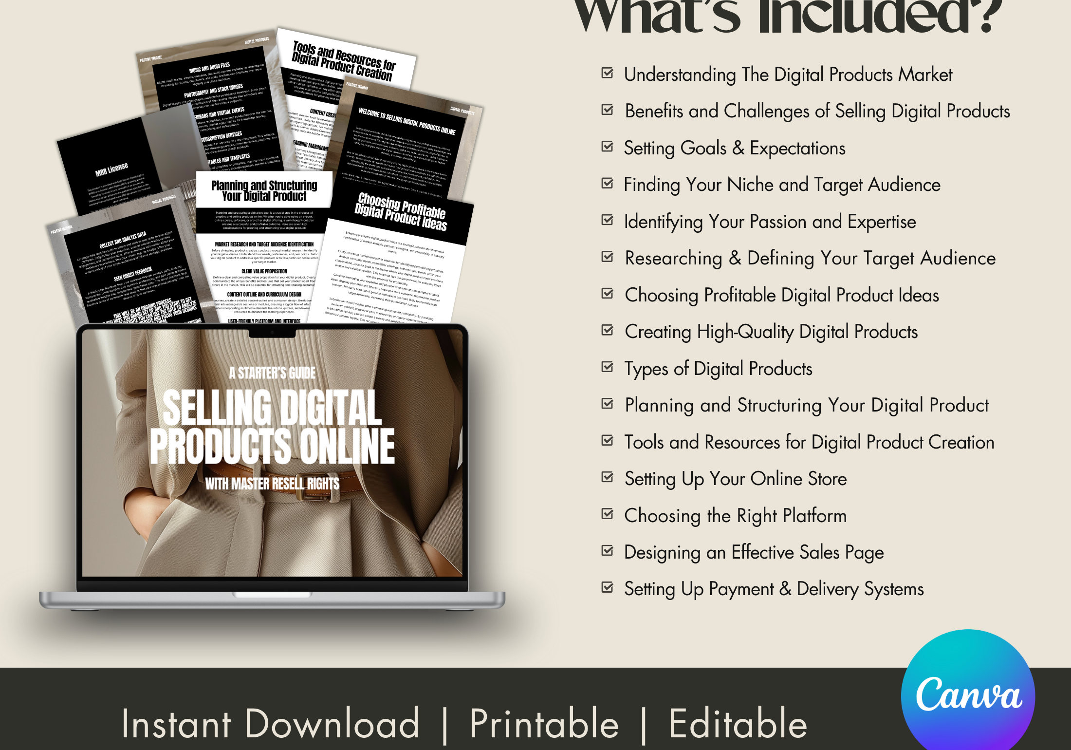 Promotional image detailing what’s included in "A Starter's Guide to Selling Digital Products Online," listing sections like understanding the digital products market and setting up your online store.