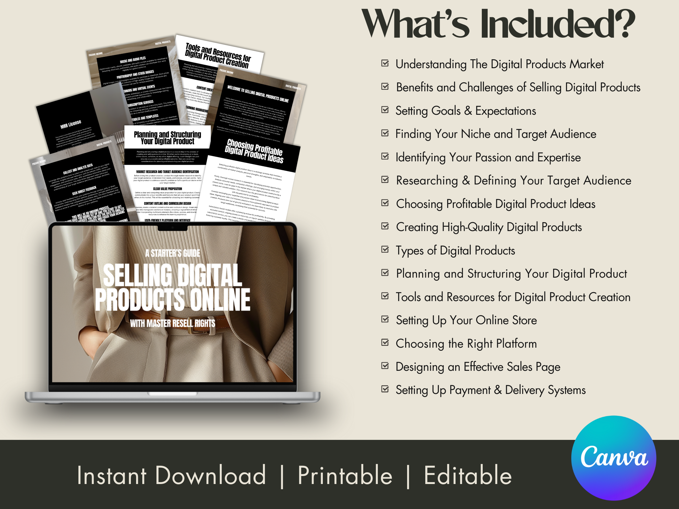 Promotional image detailing what’s included in "A Starter's Guide to Selling Digital Products Online," listing sections like understanding the digital products market and setting up your online store.
