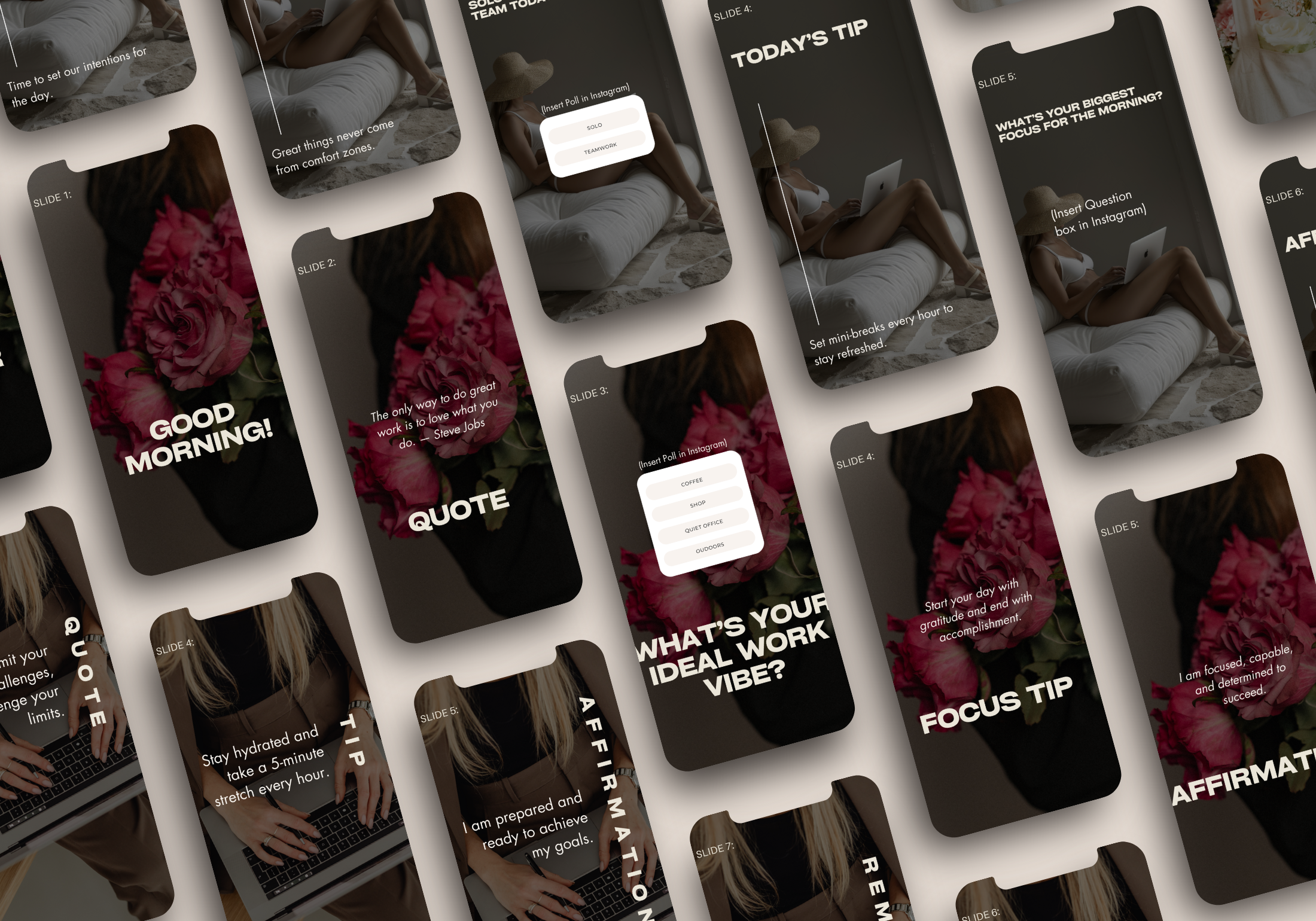 Instagram Story templates shown in a grid layout with designs that include quotes, morning tips, and affirmations on elegant visuals.