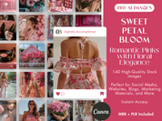 Sweet Petal Bloom AI Stock Images cover with 140 romantic pink images featuring floral elegance.