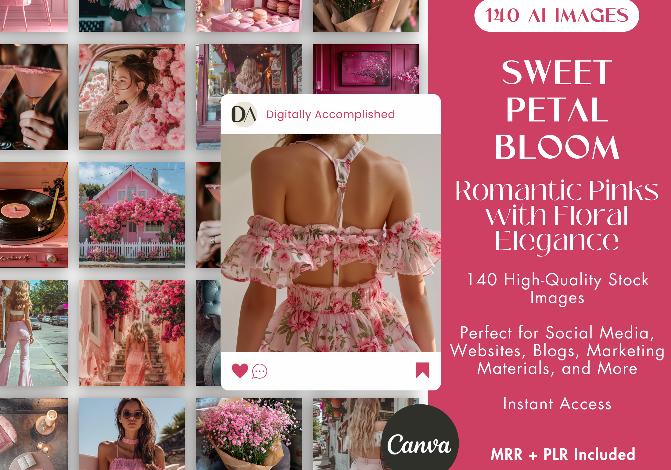 Sweet Petal Bloom AI Stock Images cover with 140 romantic pink images featuring floral elegance.