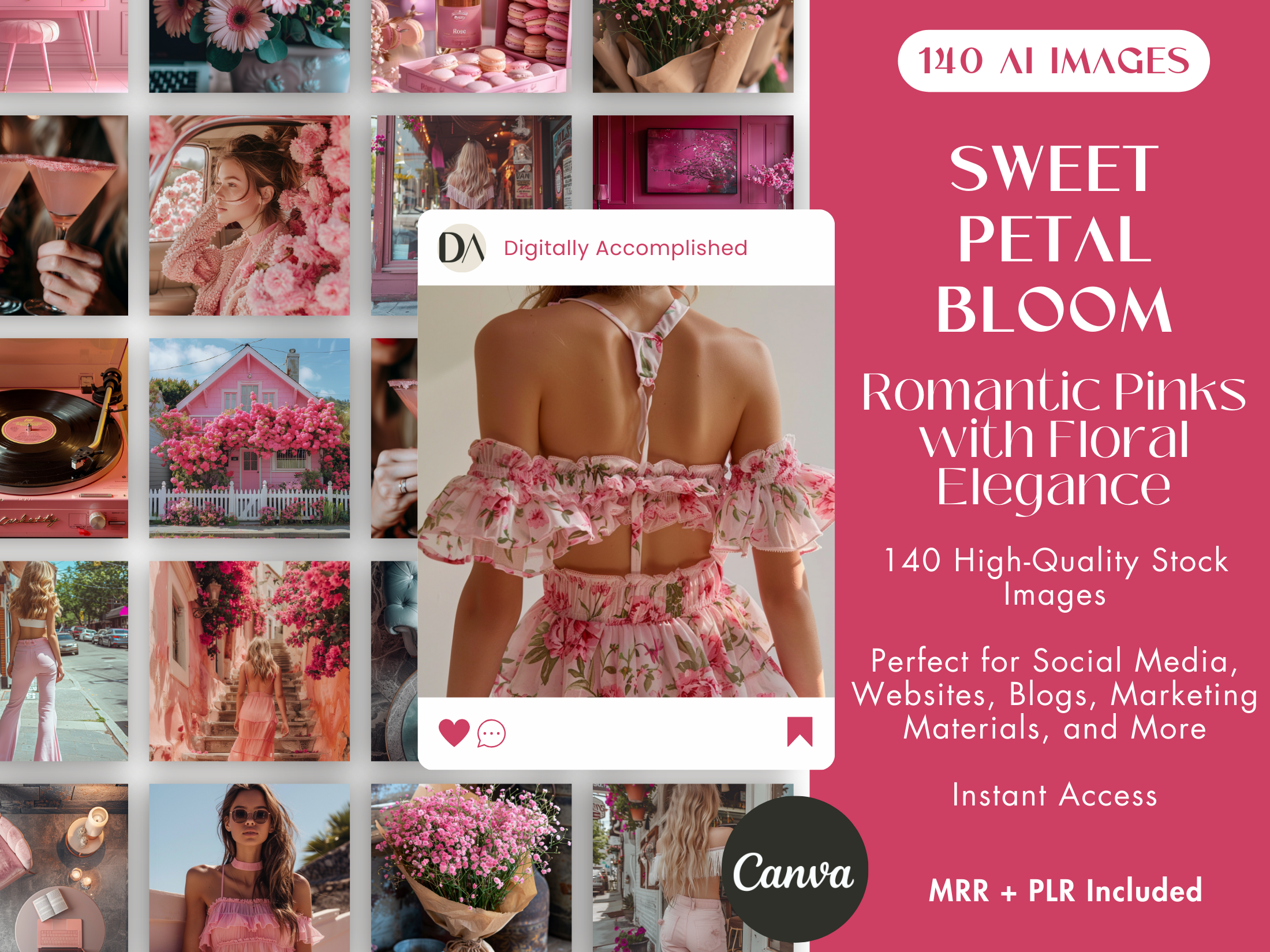 Sweet Petal Bloom AI Stock Images cover with 140 romantic pink images featuring floral elegance.