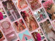 Preview collage of romantic pink-themed images, including florals, feminine fashion, and vintage settings.