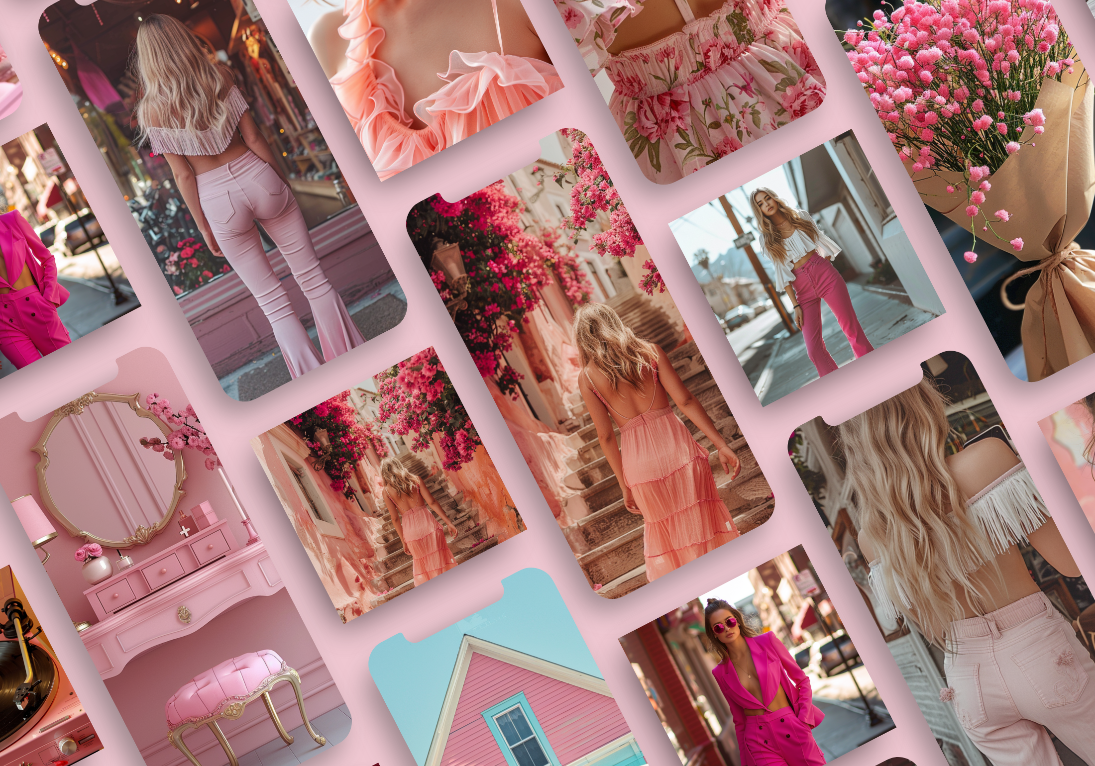 Preview collage of romantic pink-themed images, including florals, feminine fashion, and vintage settings.