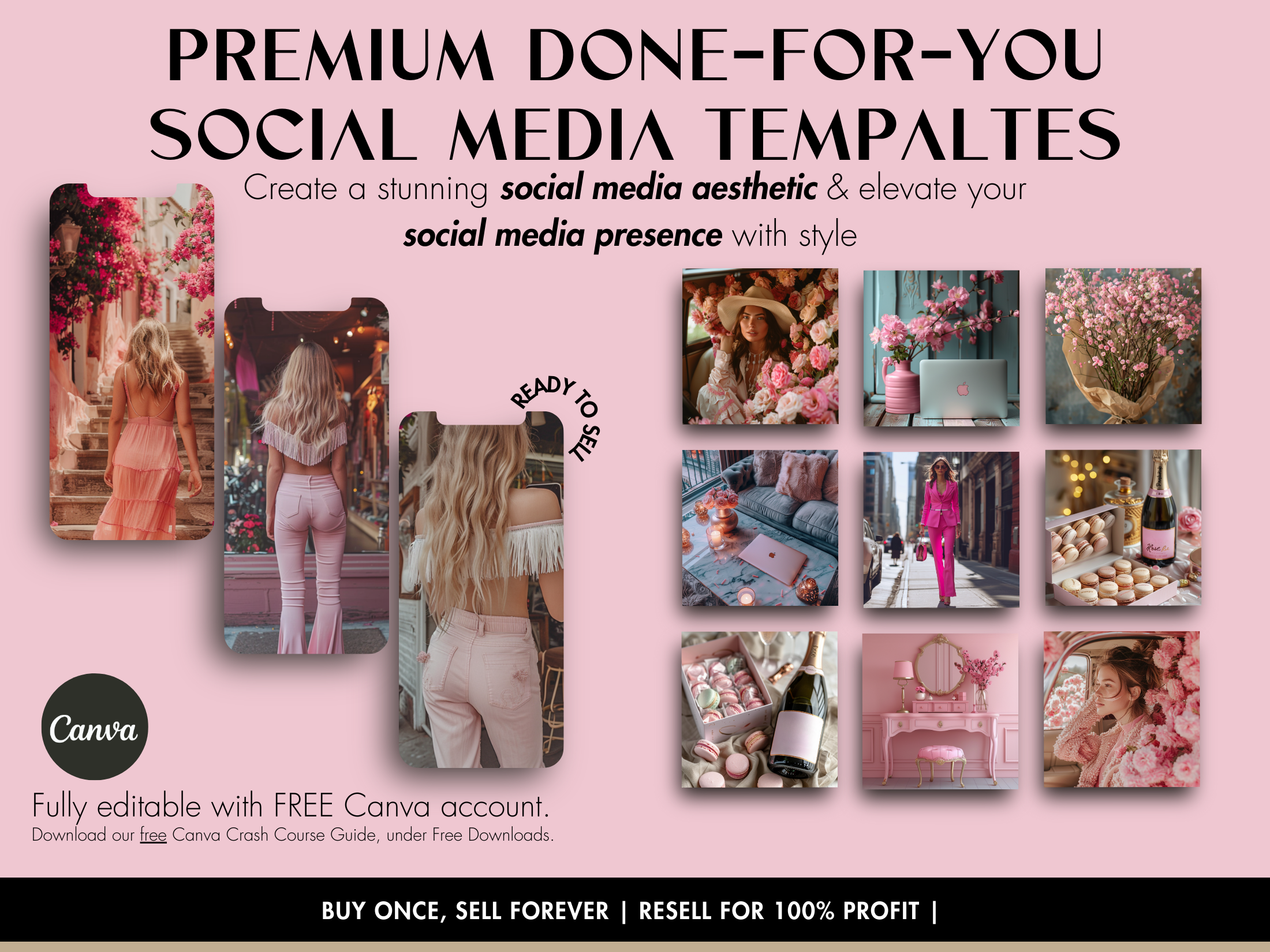 Done-for-you templates with romantic pink floral themes for social media and marketing use