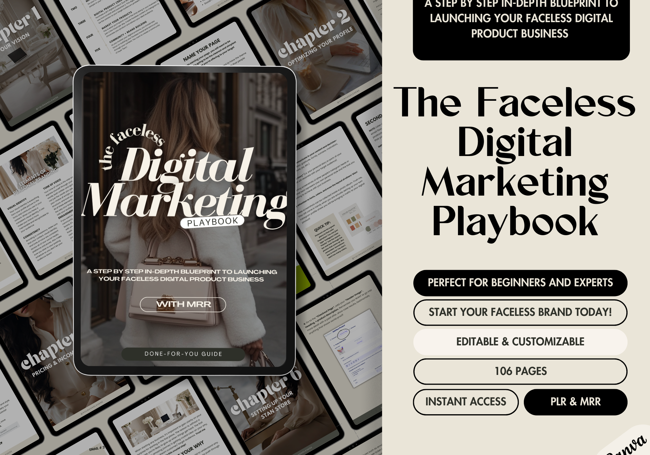Cover of The Faceless Digital Marketing Playbook showcasing a professional guide for launching digital products, with editable features.