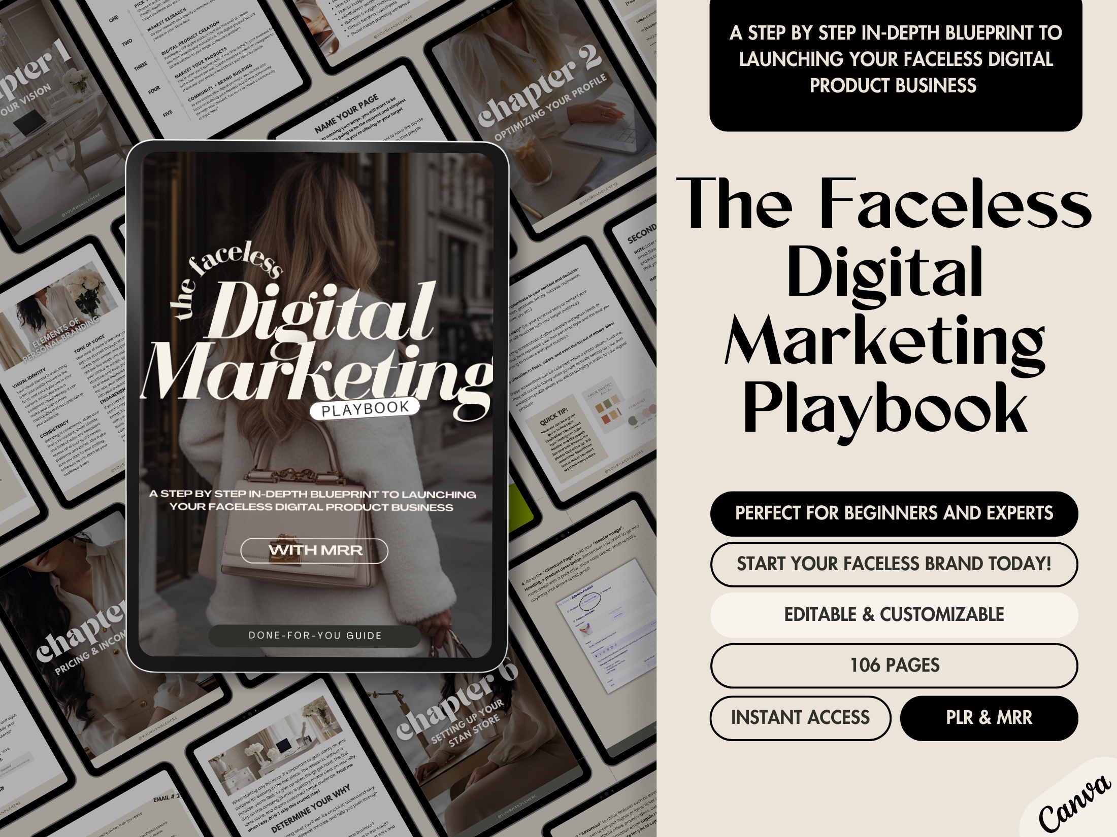 Cover of The Faceless Digital Marketing Playbook showcasing a professional guide for launching digital products, with editable features.