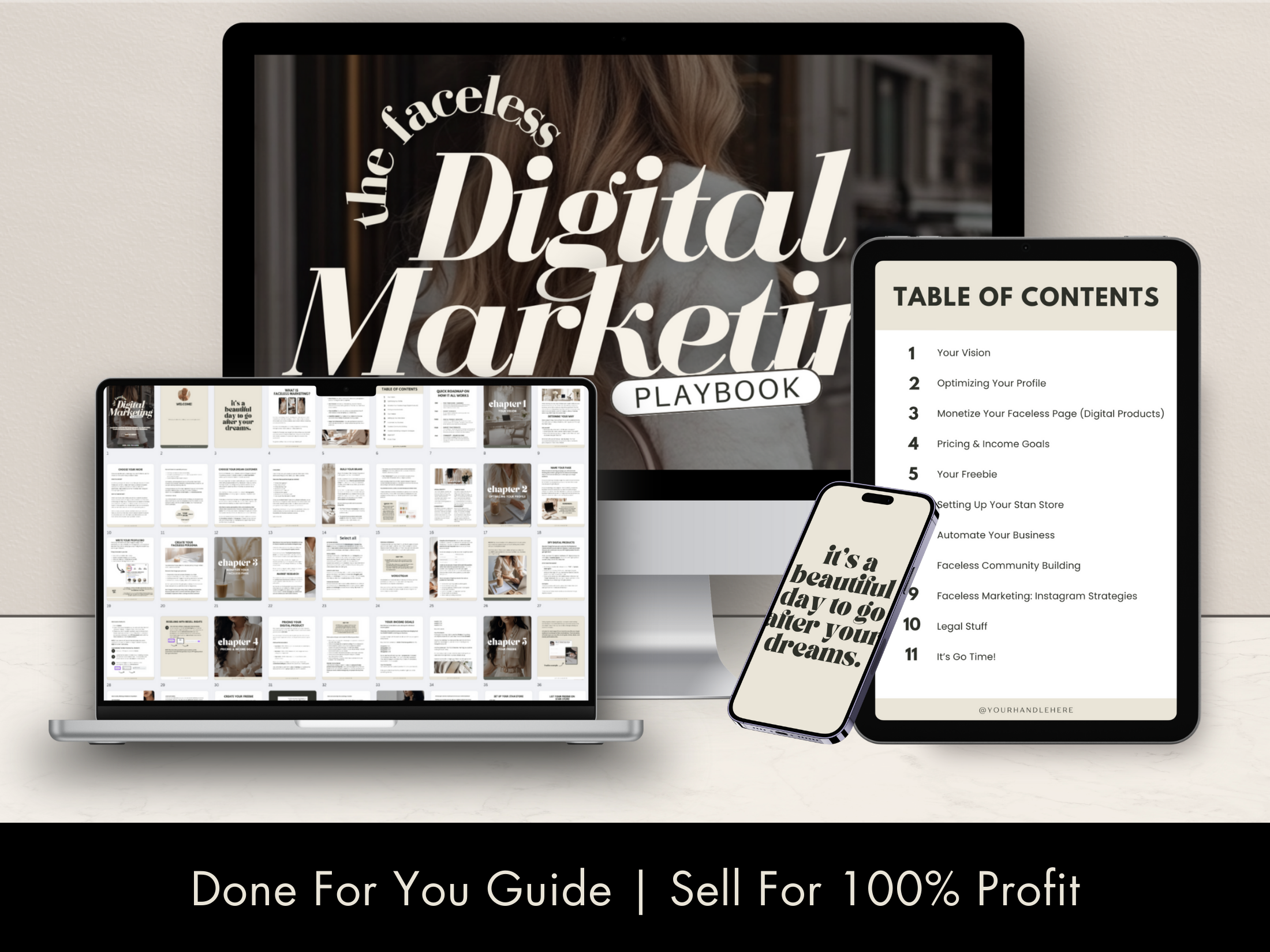 The Faceless Digital Marketing Playbook displayed on laptop, tablet, and mobile devices, showcasing the guide's accessibility and readability.