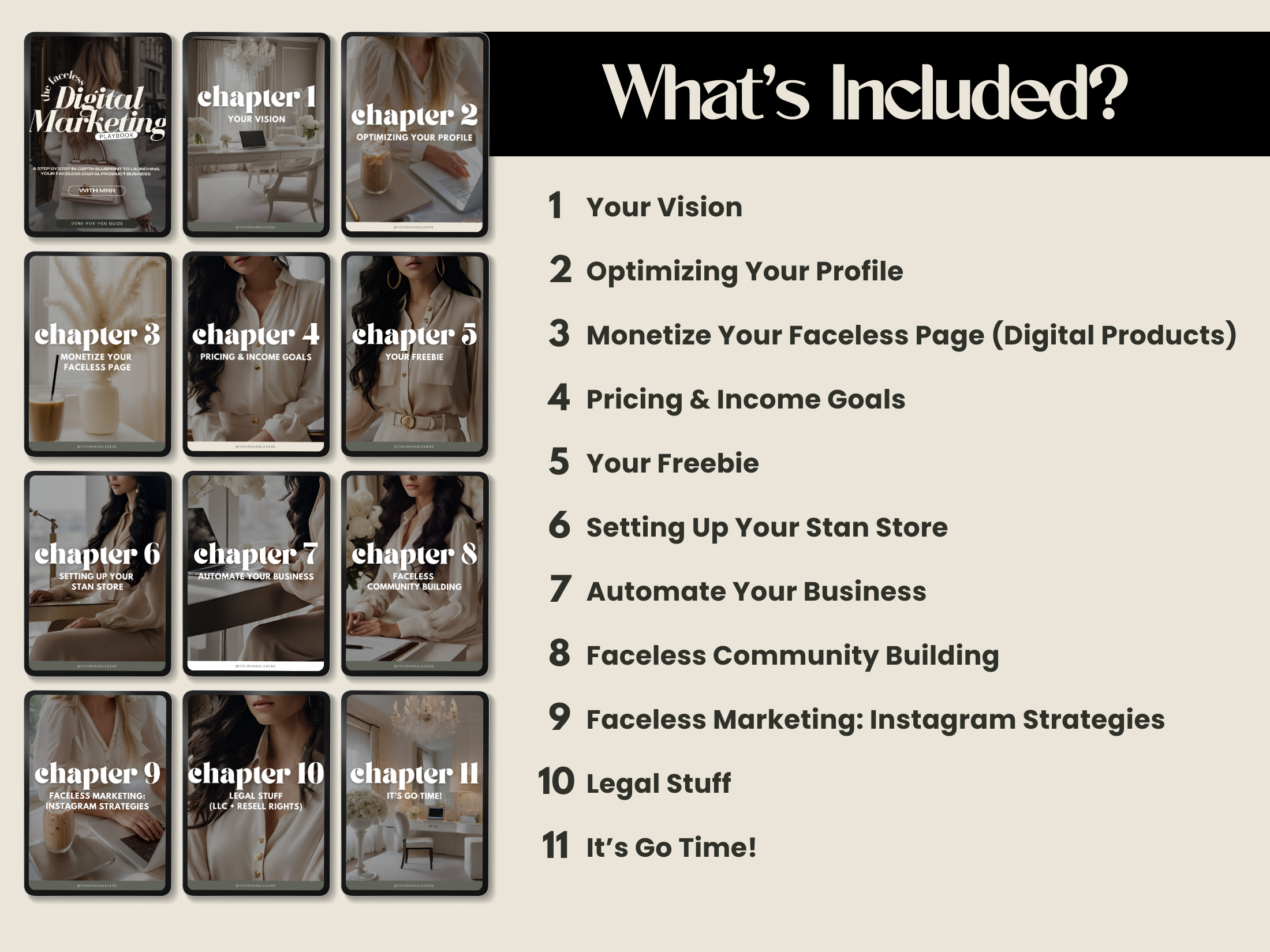 Overview of The Faceless Digital Marketing Playbook chapters, detailing steps from vision building to launching and scaling digital products.