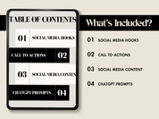 Table of contents for "The Social Media Bundle," listing sections like social media hooks, call-to-actions, content ideas, and ChatGPT prompts.