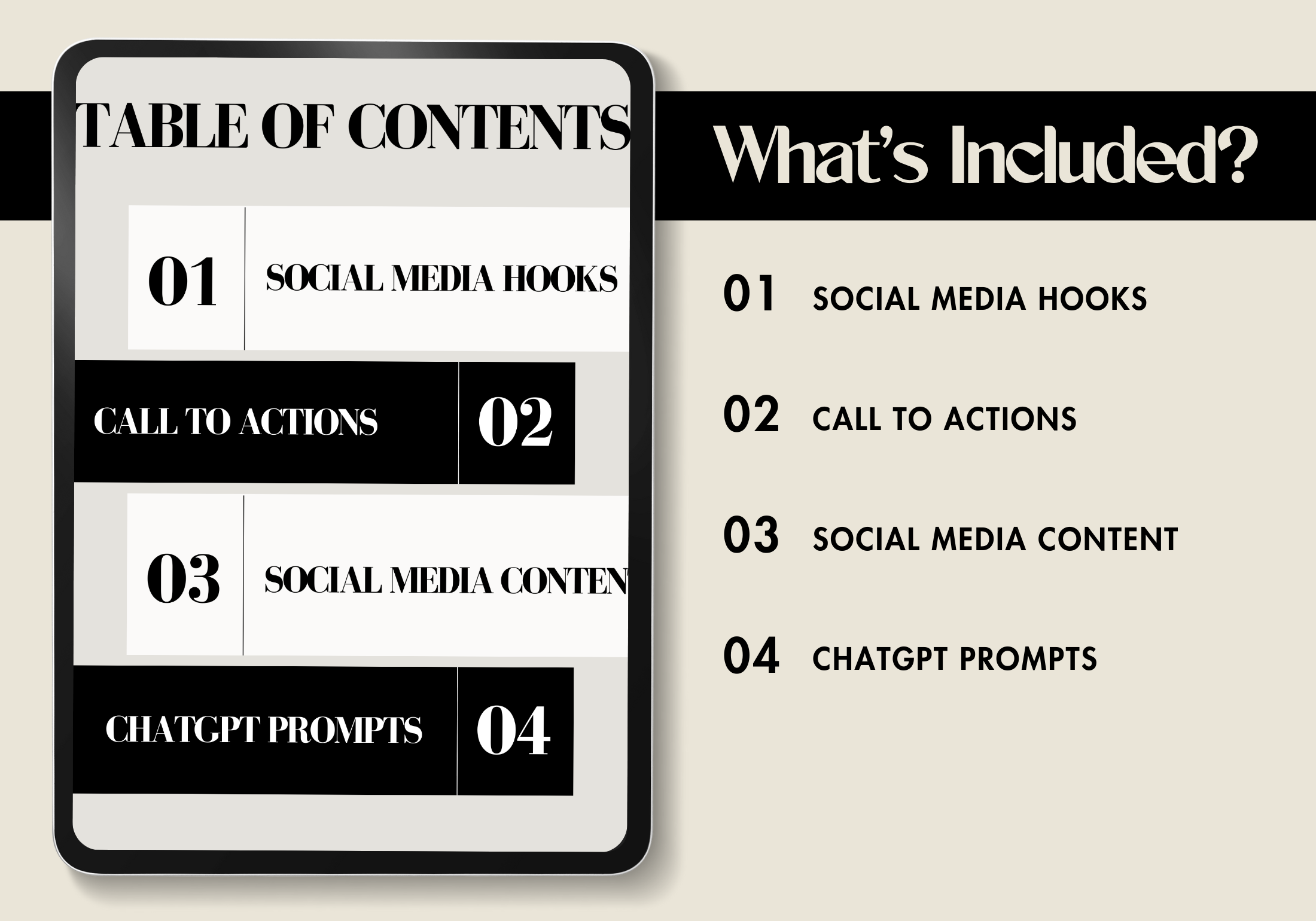 Table of contents for "The Social Media Bundle," listing sections like social media hooks, call-to-actions, content ideas, and ChatGPT prompts.