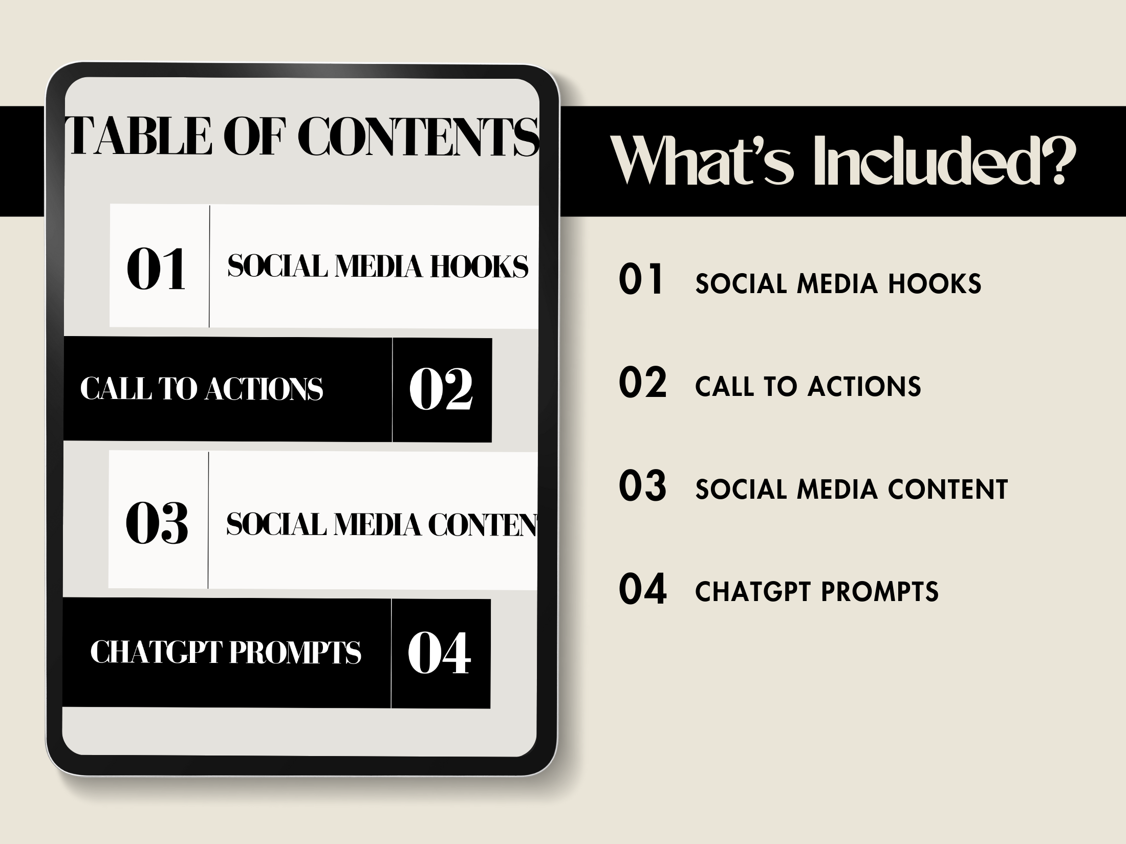 Table of contents for "The Social Media Bundle," listing sections like social media hooks, call-to-actions, content ideas, and ChatGPT prompts.