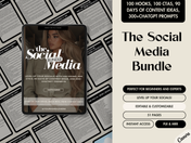 Cover image for "The Social Media Bundle," a guide featuring 100 hooks, 100 CTAs, 90 days of content ideas, and 300+ ChatGPT prompts, designed for social media growth.