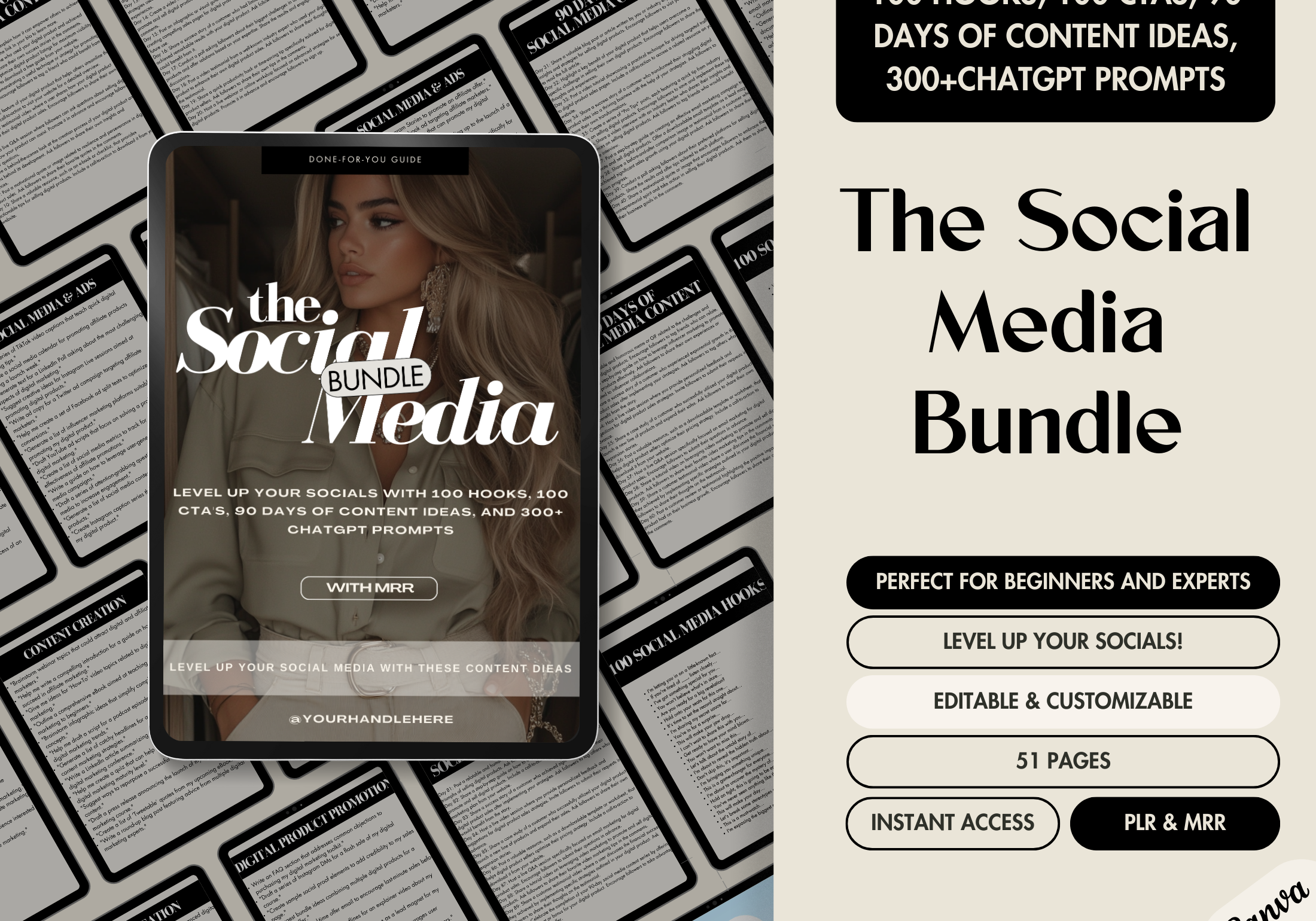 Cover image for "The Social Media Bundle," a guide featuring 100 hooks, 100 CTAs, 90 days of content ideas, and 300+ ChatGPT prompts, designed for social media growth.