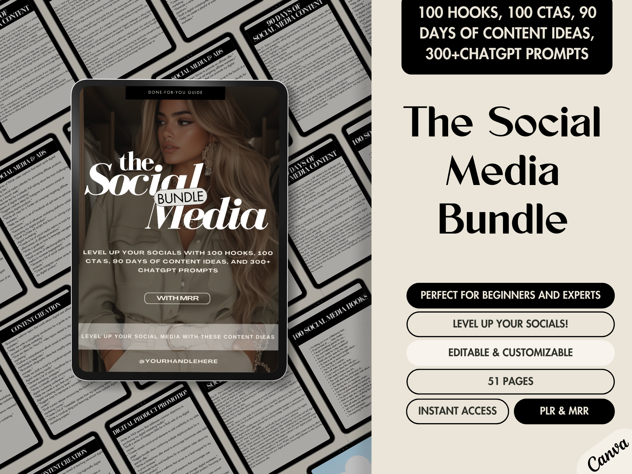 Cover image for "The Social Media Bundle," a guide featuring 100 hooks, 100 CTAs, 90 days of content ideas, and 300+ ChatGPT prompts, designed for social media growth.