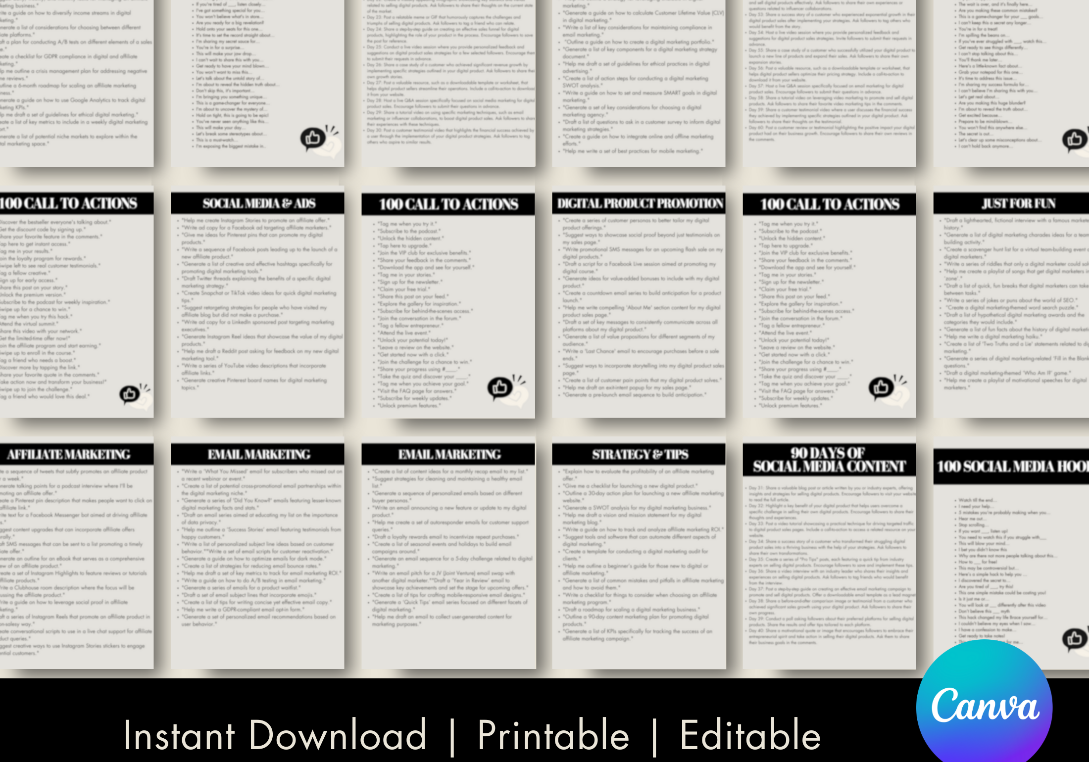 A detailed preview of pages from "The Social Media Bundle," showcasing call-to-actions, hooks, strategies, and content tips in an editable and printable format.