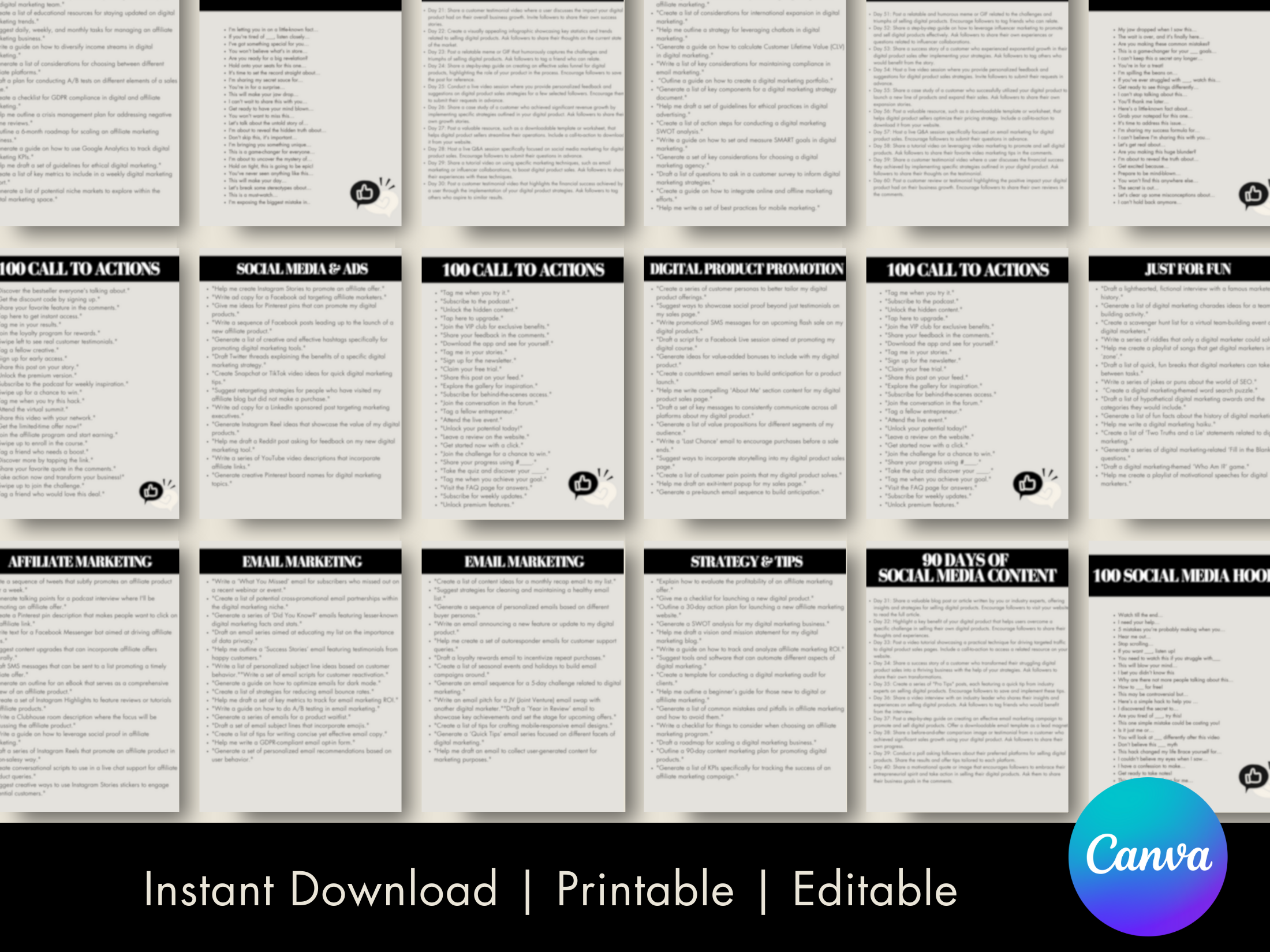 A detailed preview of pages from "The Social Media Bundle," showcasing call-to-actions, hooks, strategies, and content tips in an editable and printable format.