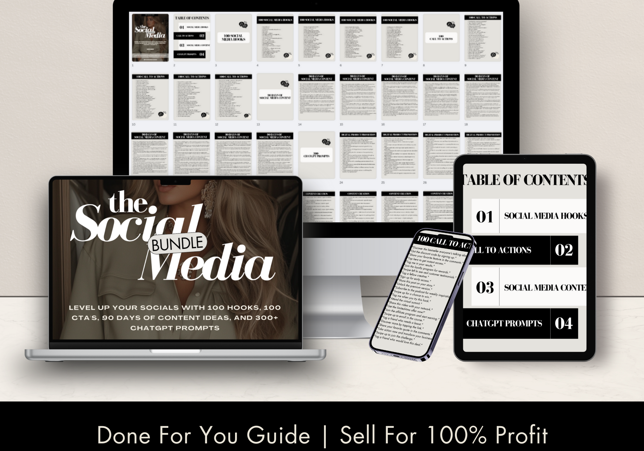 A promotional digital mockup of "The Social Media Bundle," displayed on a laptop, tablet, and smartphone, emphasizing its ready-to-use, 100% profit-driven content.