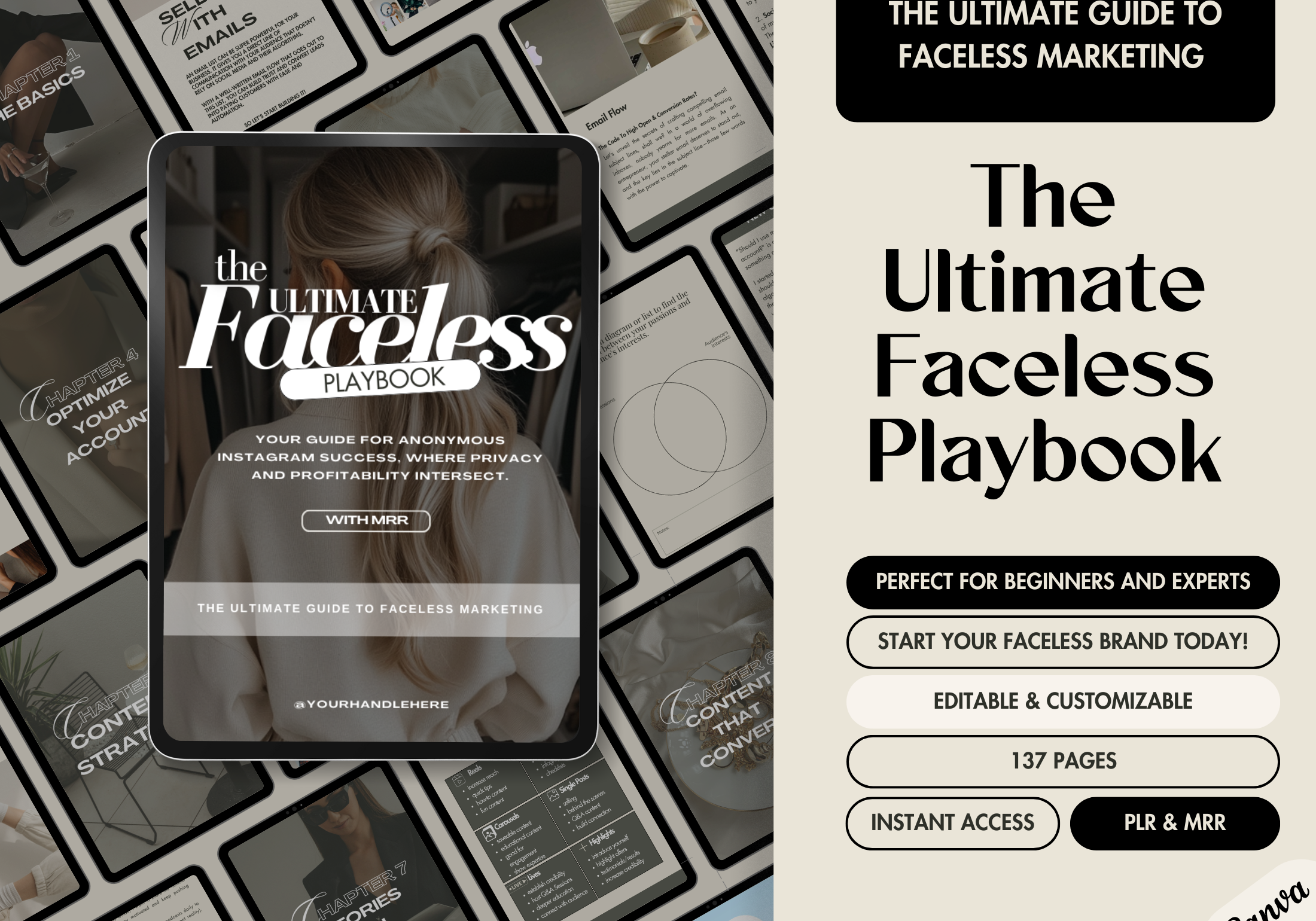 Cover of 'Faceless Instagram Marketing Guide' featuring strategies for anonymous Instagram growth, success tips, and privacy-focused branding