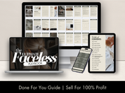 Display of 'Faceless Instagram Marketing Guide' on laptop, tablet, and mobile screens with detailed strategies and tools for Instagram marketing.