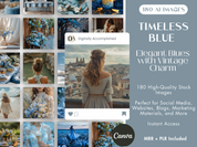 Timeless Blue AI Stock Images cover showcasing 180 elegant blue-themed images with vintage charm.