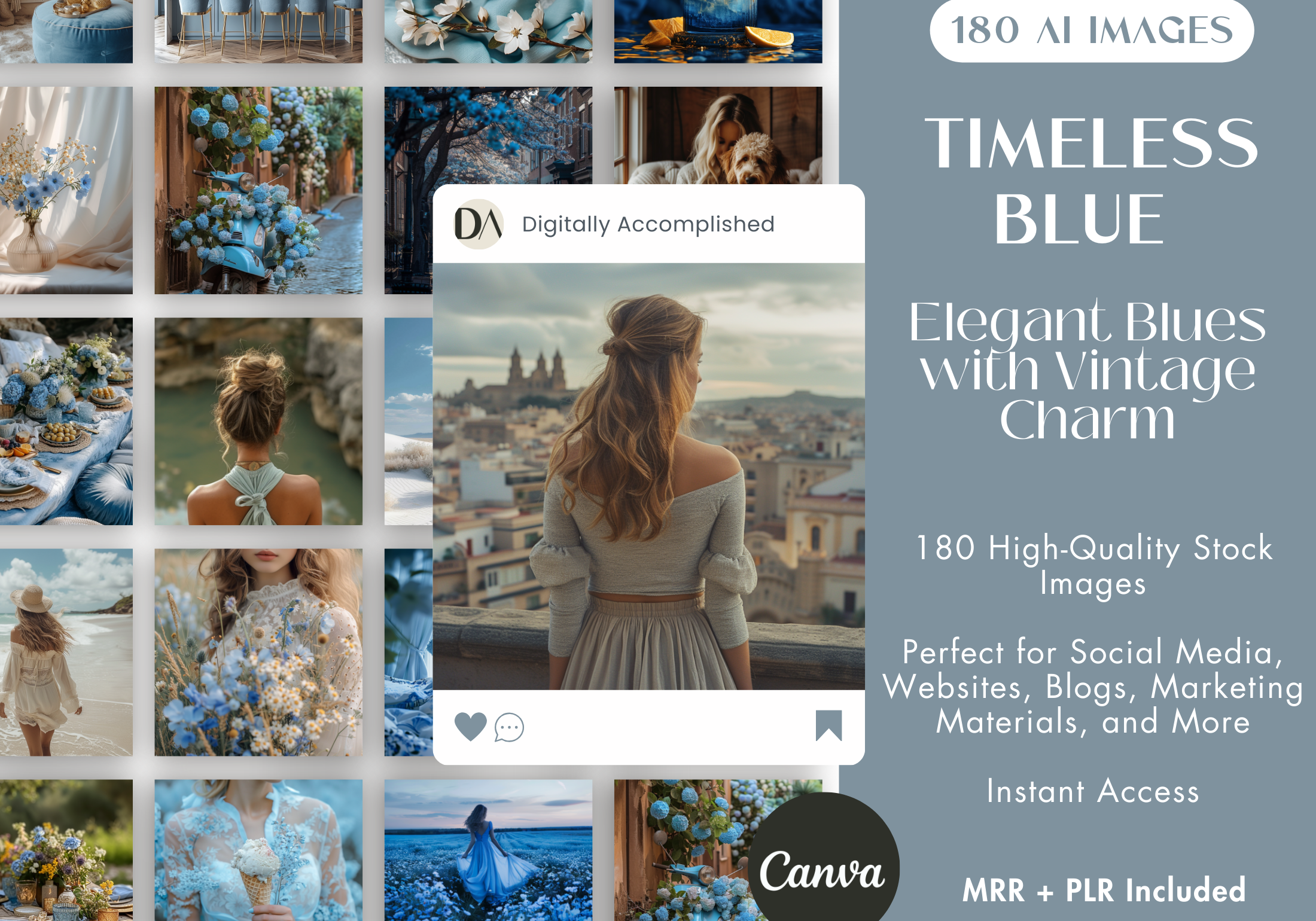 Timeless Blue AI Stock Images cover showcasing 180 elegant blue-themed images with vintage charm.