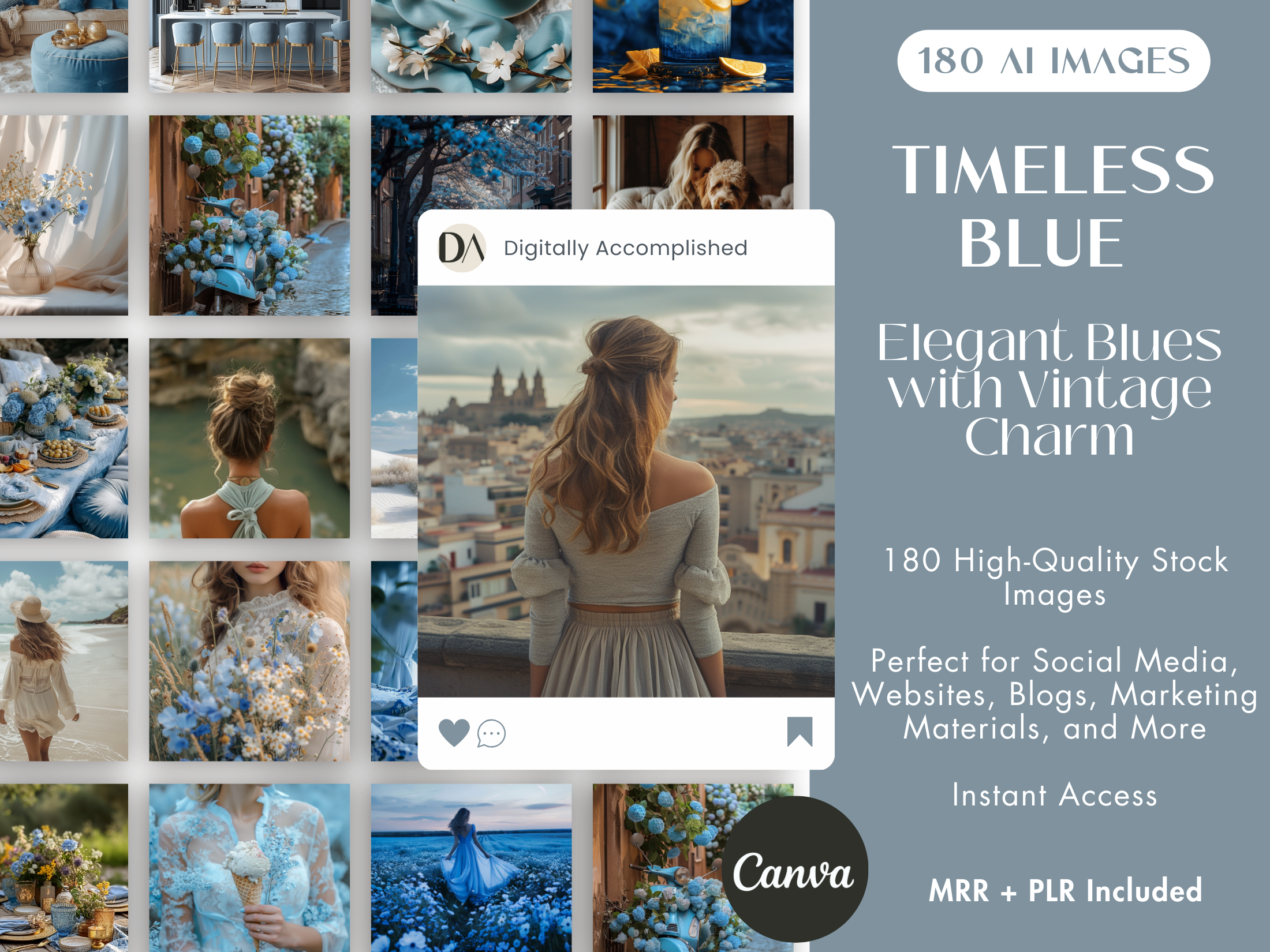 Timeless Blue AI Stock Images cover showcasing 180 elegant blue-themed images with vintage charm.