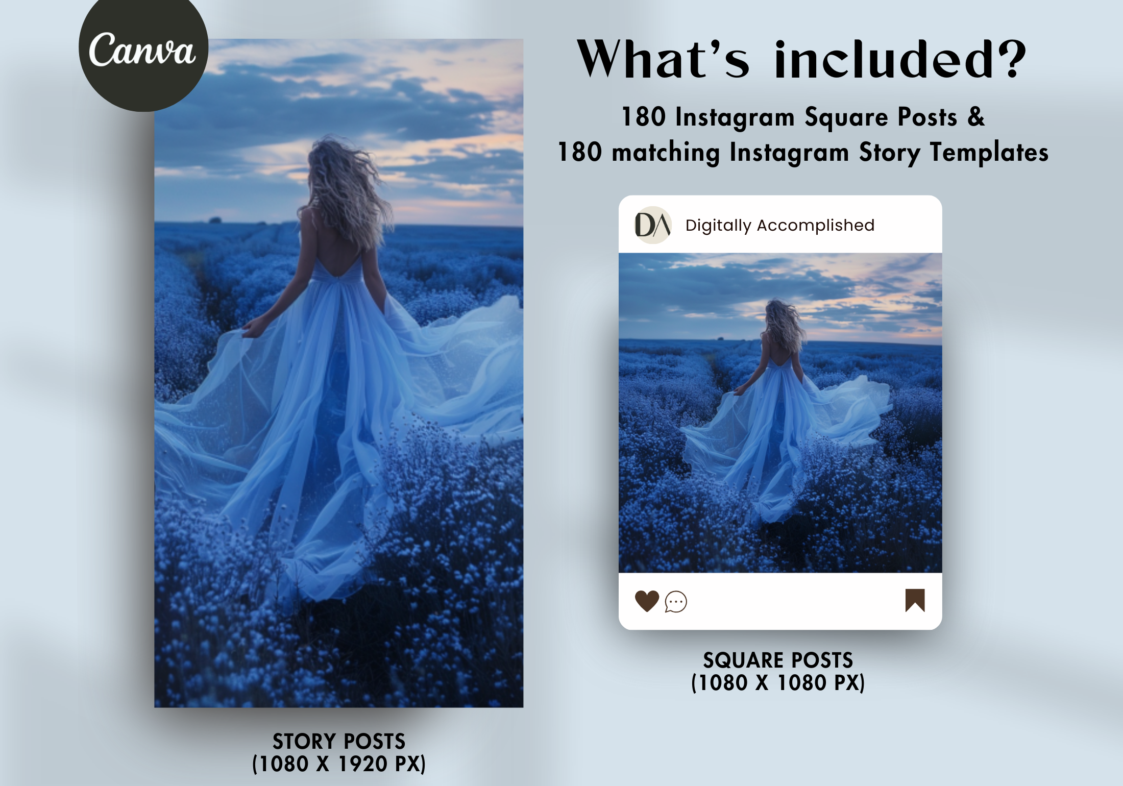 What's included: 180 Instagram square posts and matching story templates with a timeless blue theme