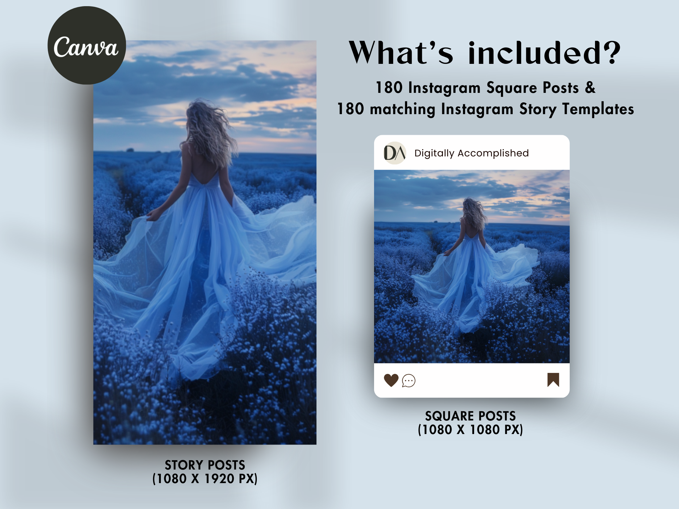 What's included: 180 Instagram square posts and matching story templates with a timeless blue theme