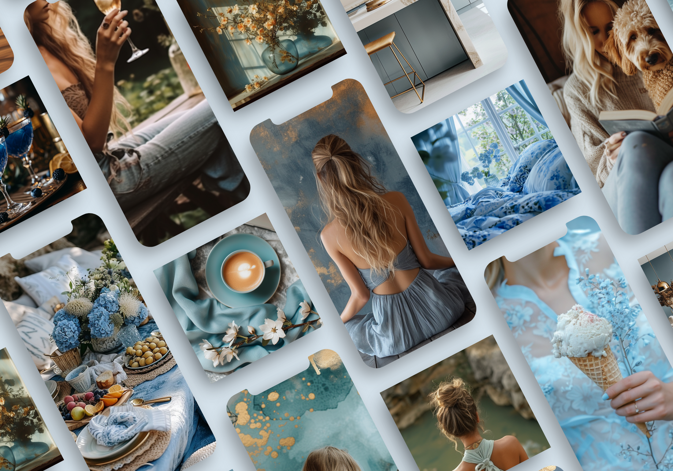 Preview collage of elegant blue images, featuring florals, architecture, and luxurious table settings.